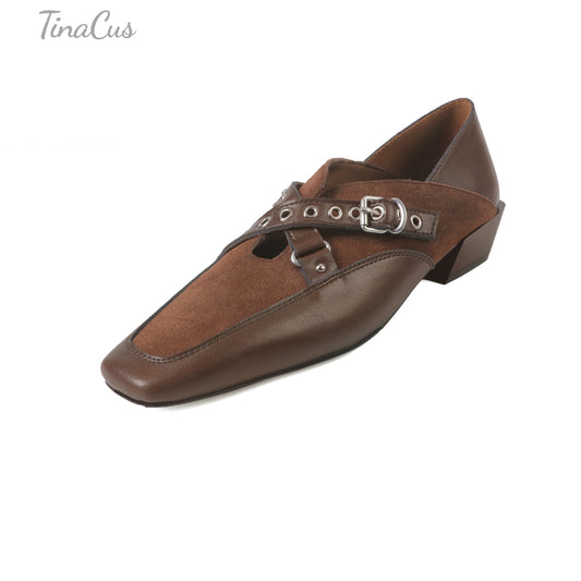 TinaCus Genuine & Suede Leather Women's Square Toe Handmade Buckle Straps Low Heels Loafers Shoes