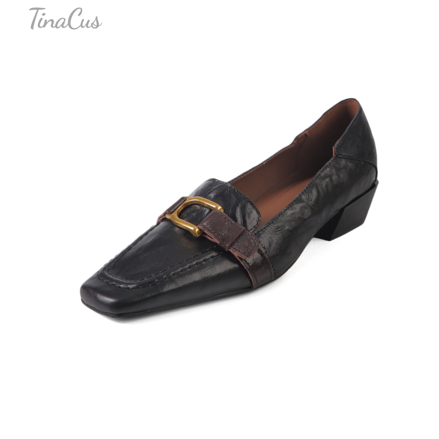 TinaCus Women's Square Toe Genuine Leather Handmade Low Heels Slip on Casual Loafers Shoes