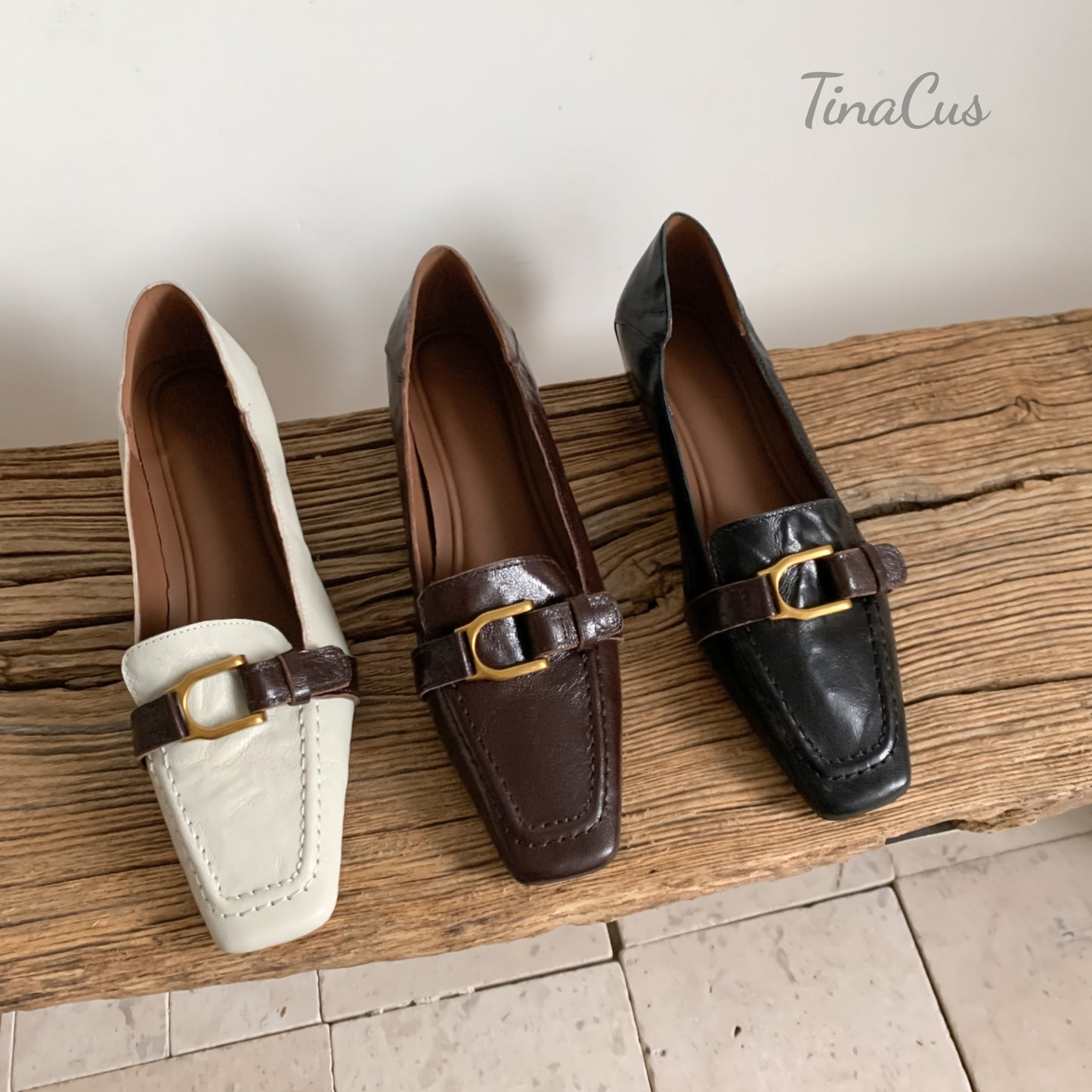 TinaCus Women's Square Toe Genuine Leather Handmade Low Heels Slip on Casual Loafers Shoes