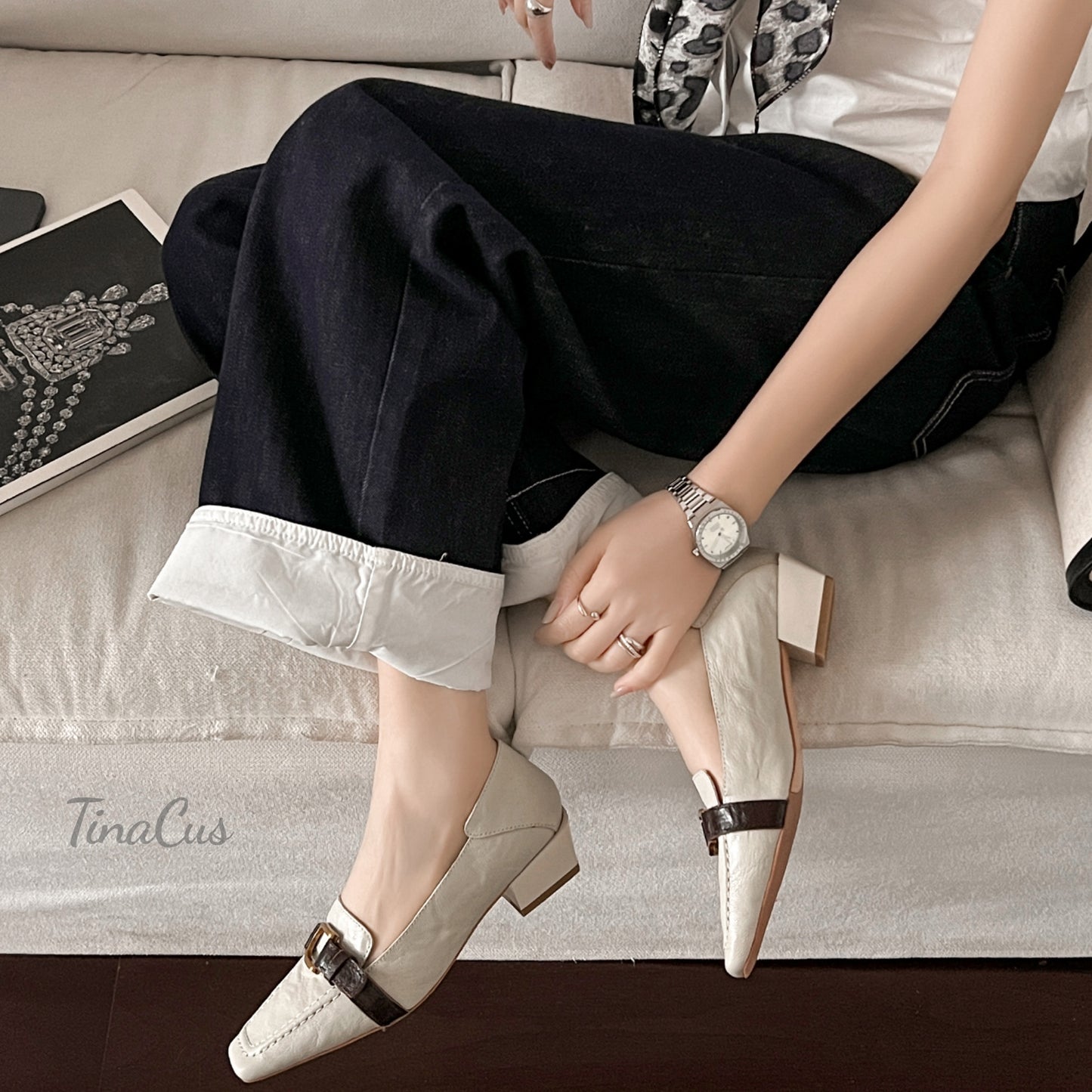 TinaCus Women's Square Toe Genuine Leather Handmade Low Heels Slip on Casual Loafers Shoes