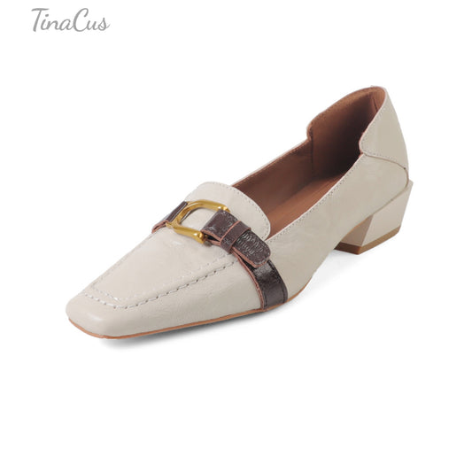 TinaCus Women's Square Toe Genuine Leather Handmade Low Heels Slip on Casual Loafers Shoes