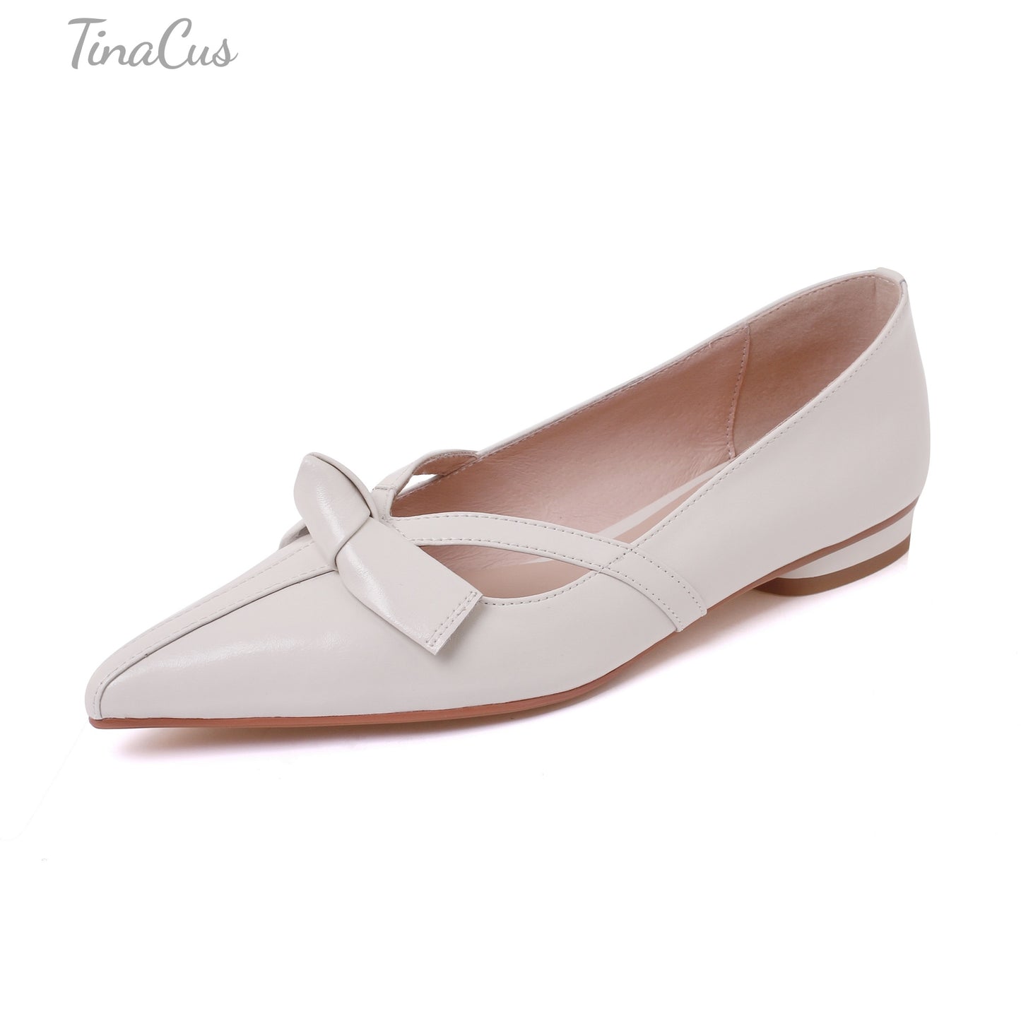 TinaCus Pointed Toe Genuine Leather Handmade Knot Slip On Women's Cute Flat Shoes