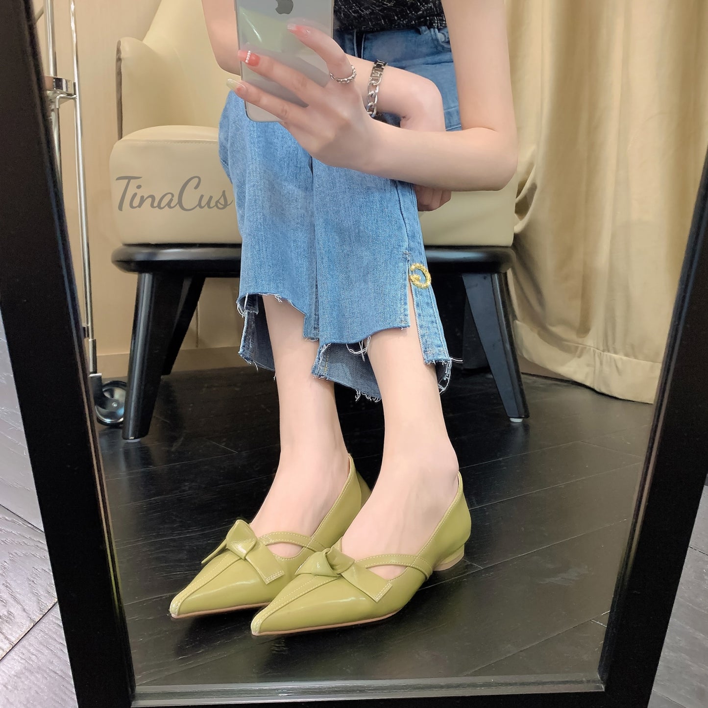 TinaCus Pointed Toe Genuine Leather Handmade Knot Slip On Women's Cute Flat Shoes