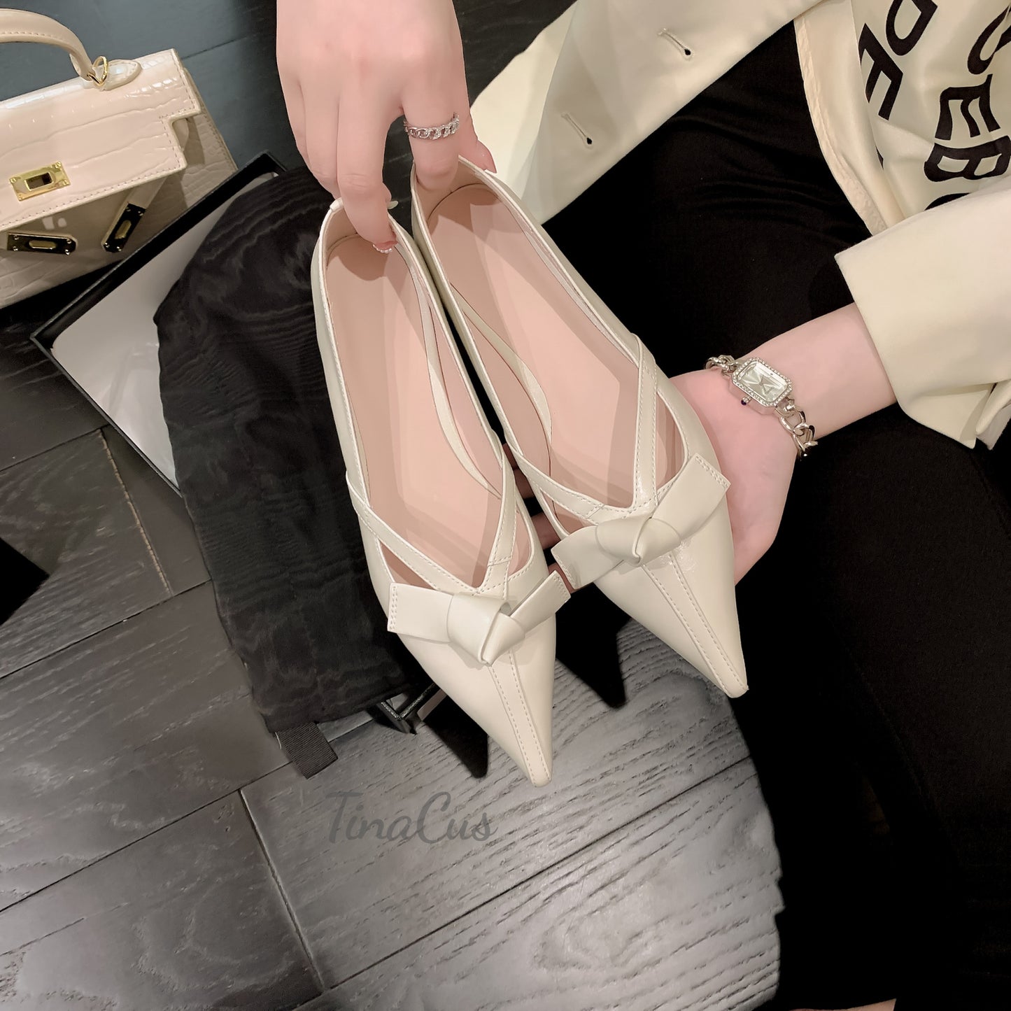 TinaCus Pointed Toe Genuine Leather Handmade Knot Slip On Women's Cute Flat Shoes