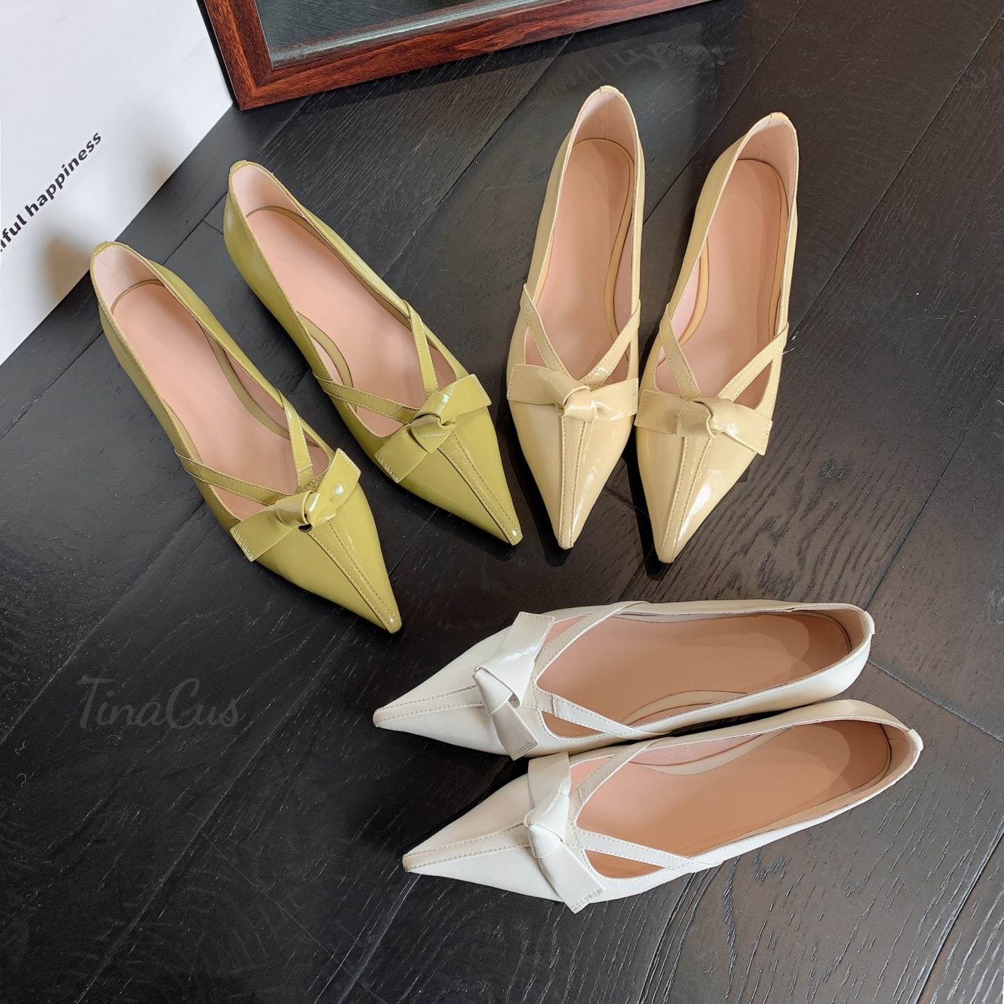 TinaCus Pointed Toe Genuine Leather Handmade Knot Slip On Women's Cute Flat Shoes