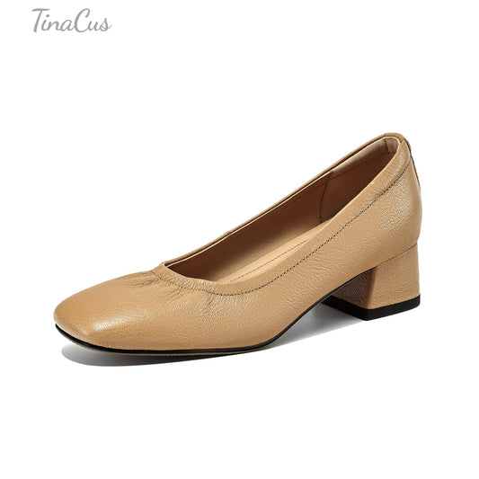 TinaCus Women's Square Toe Genuine Leather Low Chunky Heels Handmade Pumps Shoes