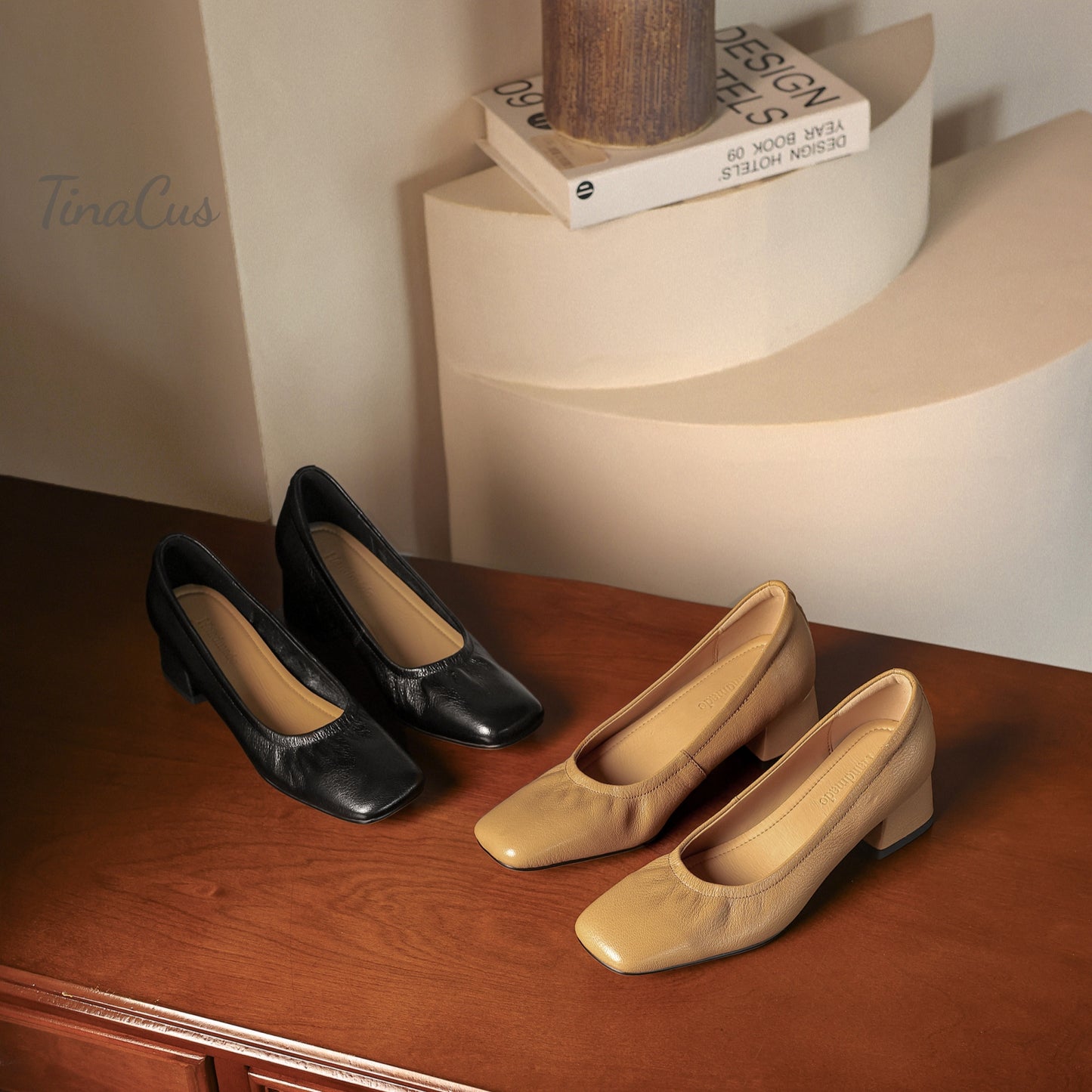 TinaCus Women's Square Toe Genuine Leather Low Chunky Heels Handmade Pumps Shoes
