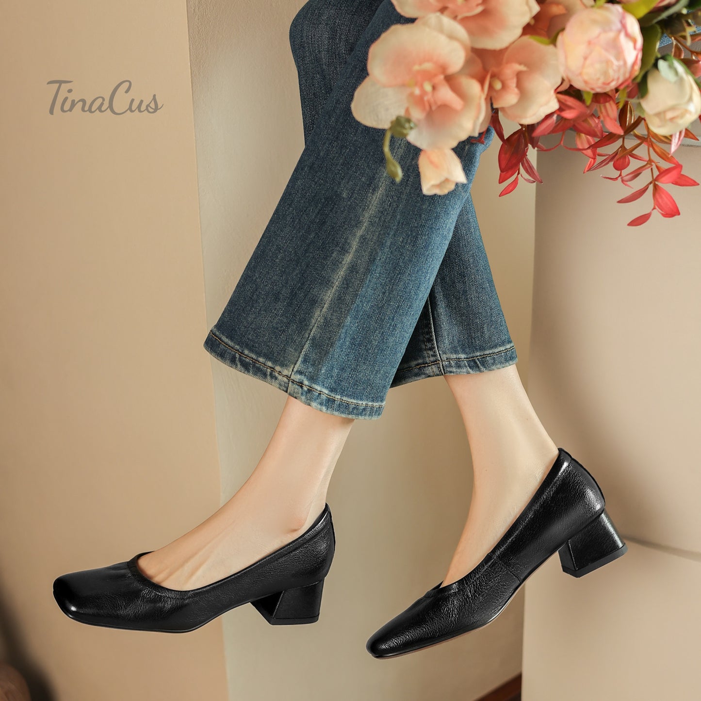 TinaCus Women's Square Toe Genuine Leather Low Chunky Heels Handmade Pumps Shoes
