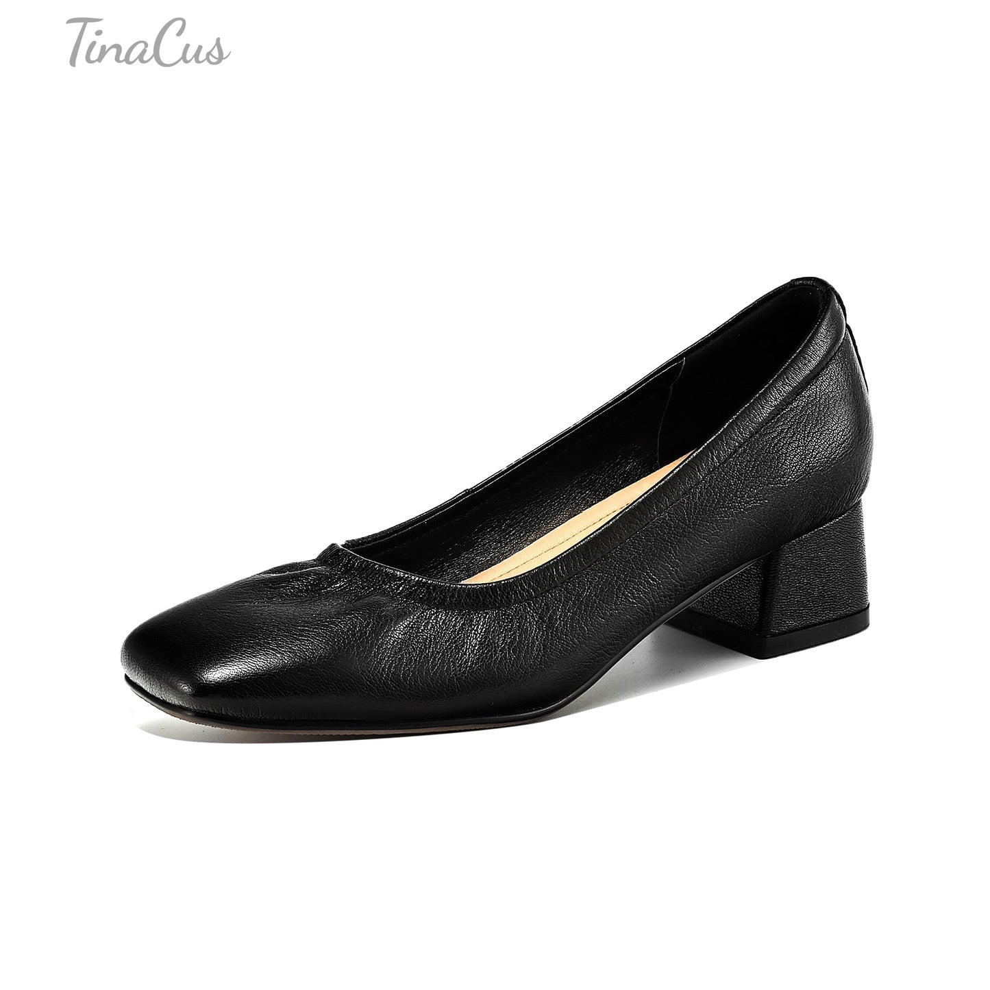 TinaCus Women's Square Toe Genuine Leather Low Chunky Heels Handmade Pumps Shoes