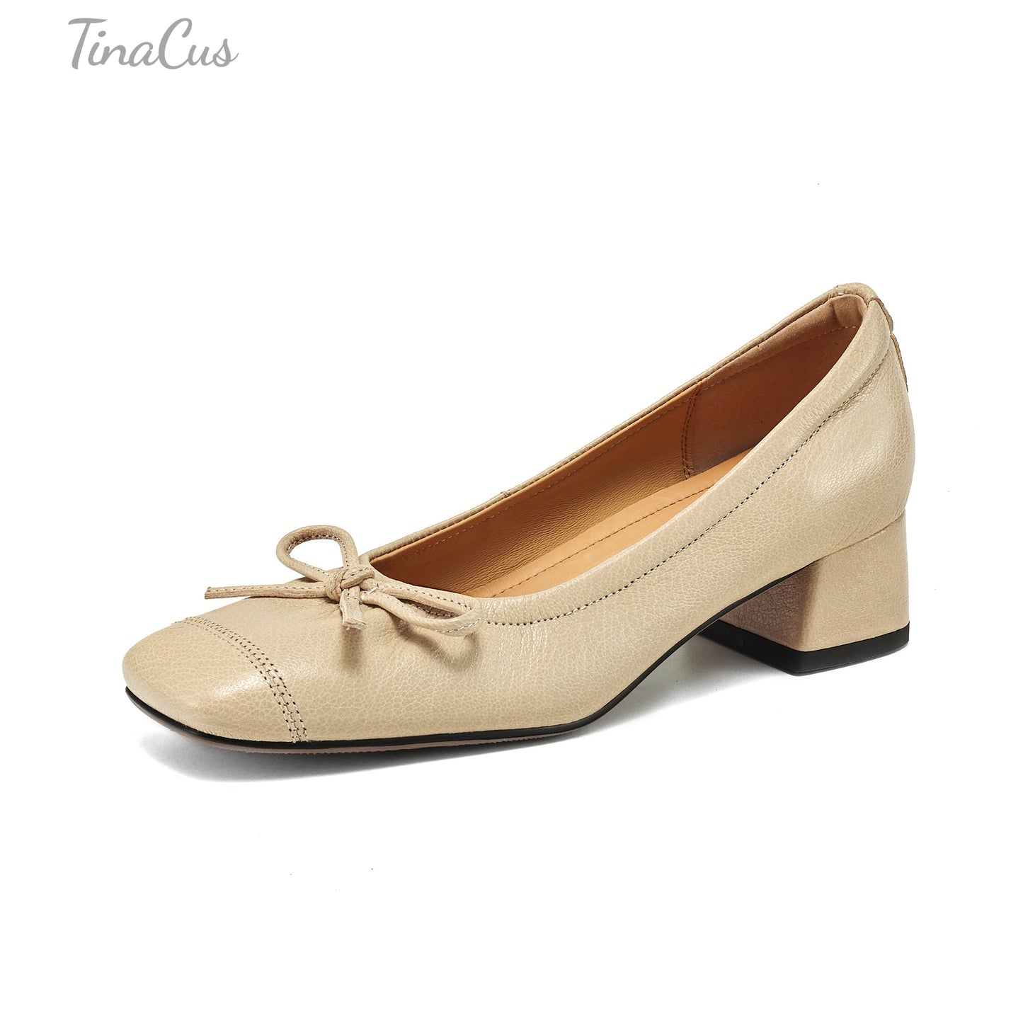 TinaCus Women's Square Toe Genuine Leather Cute Bowknot Low Chunky Heels Handmade Pumps Shoes