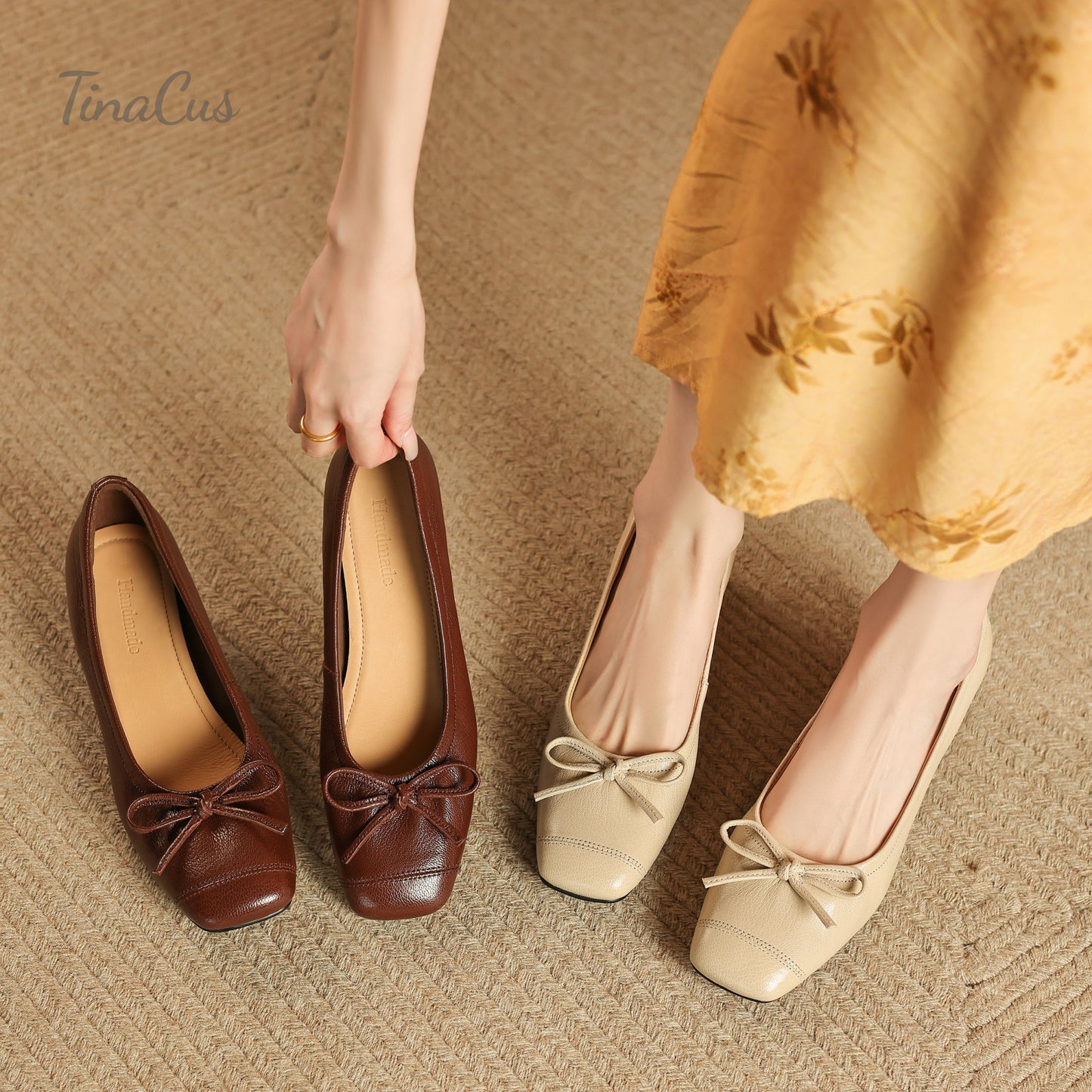 TinaCus Women's Square Toe Genuine Leather Cute Bowknot Low Chunky Heels Handmade Pumps Shoes