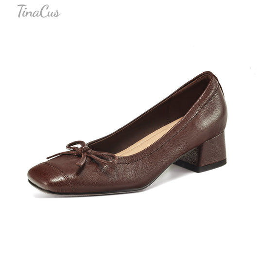 TinaCus Women's Square Toe Genuine Leather Cute Bowknot Low Chunky Heels Handmade Pumps Shoes