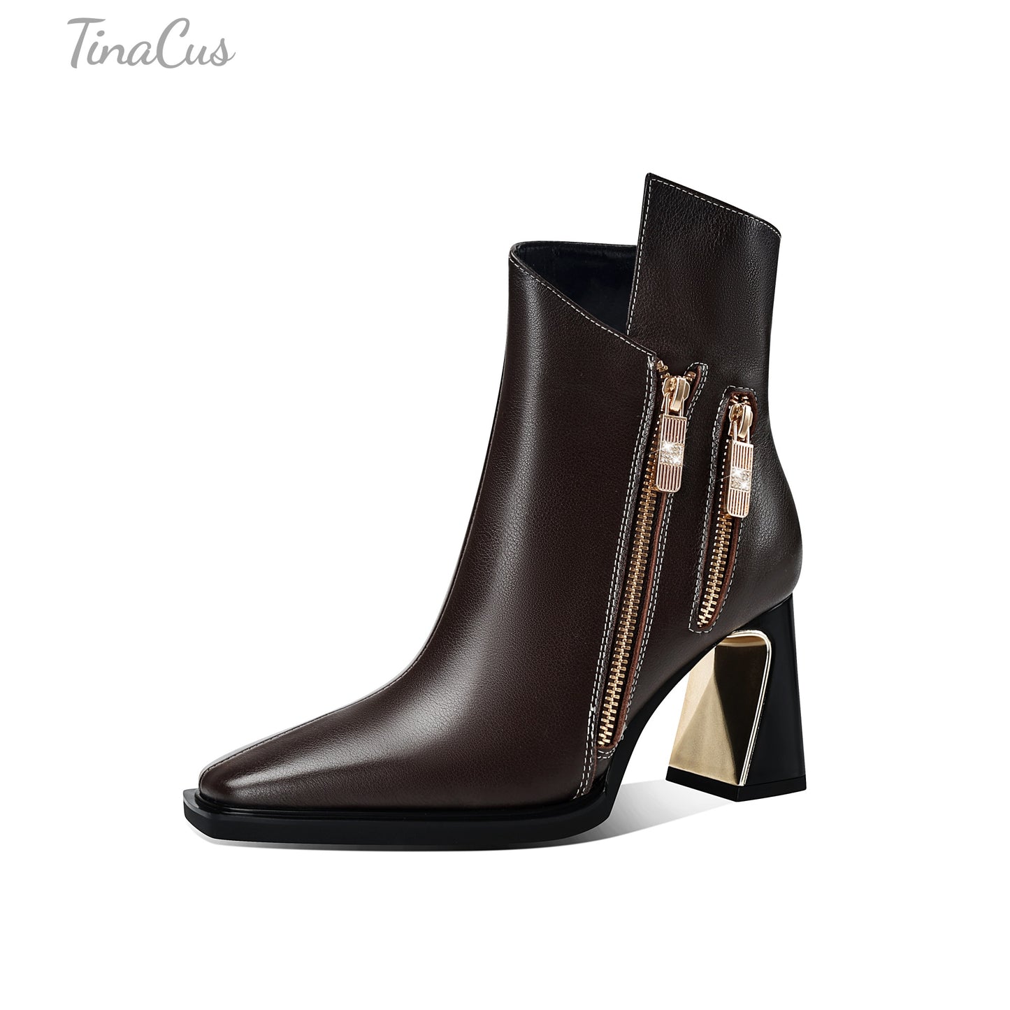 TinaCus Dual Zippers Chic Ankle Boots Women's Square Toe Mid Chunky Heels Genuine Leather Booties