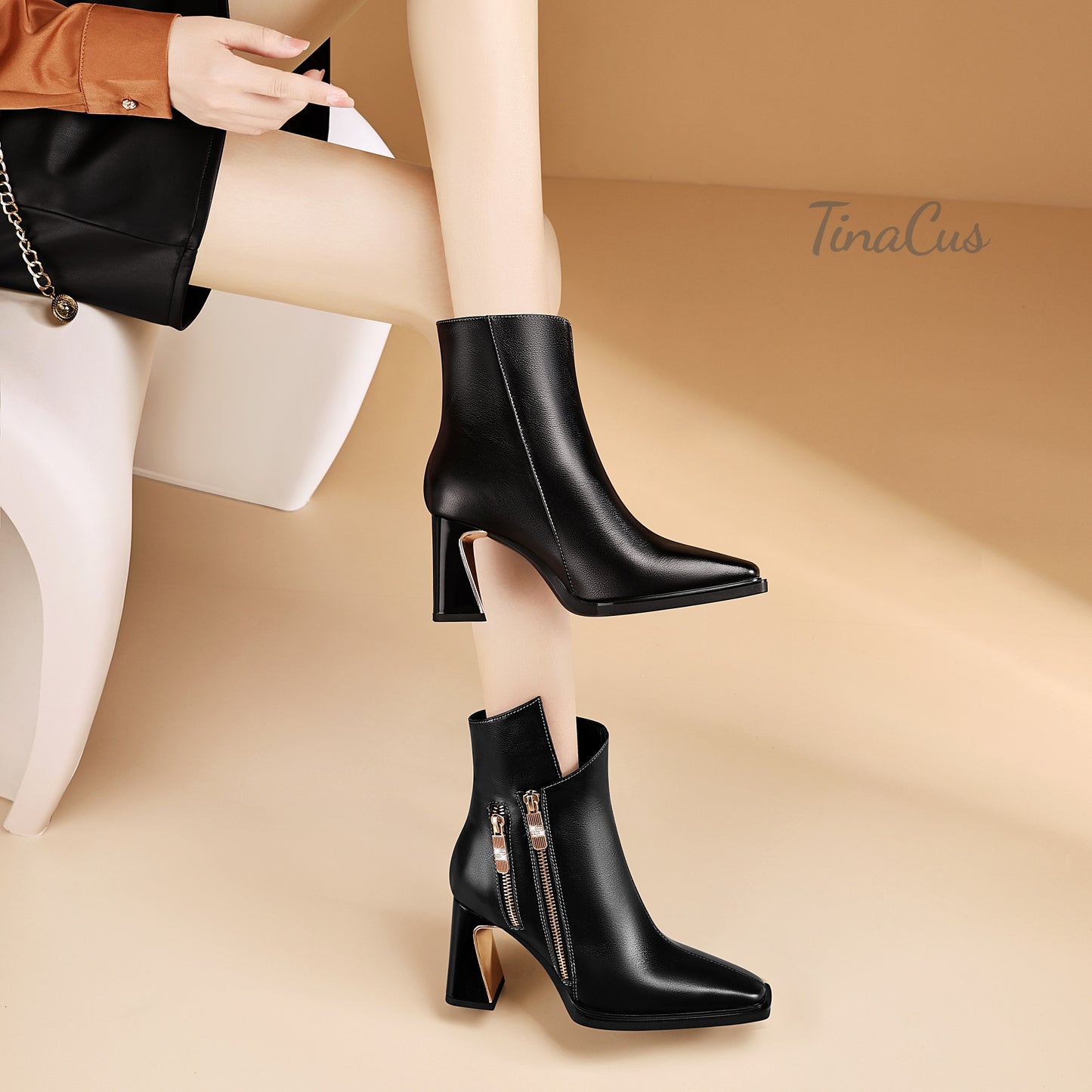 TinaCus Dual Zippers Chic Ankle Boots Women's Square Toe Mid Chunky Heels Genuine Leather Booties