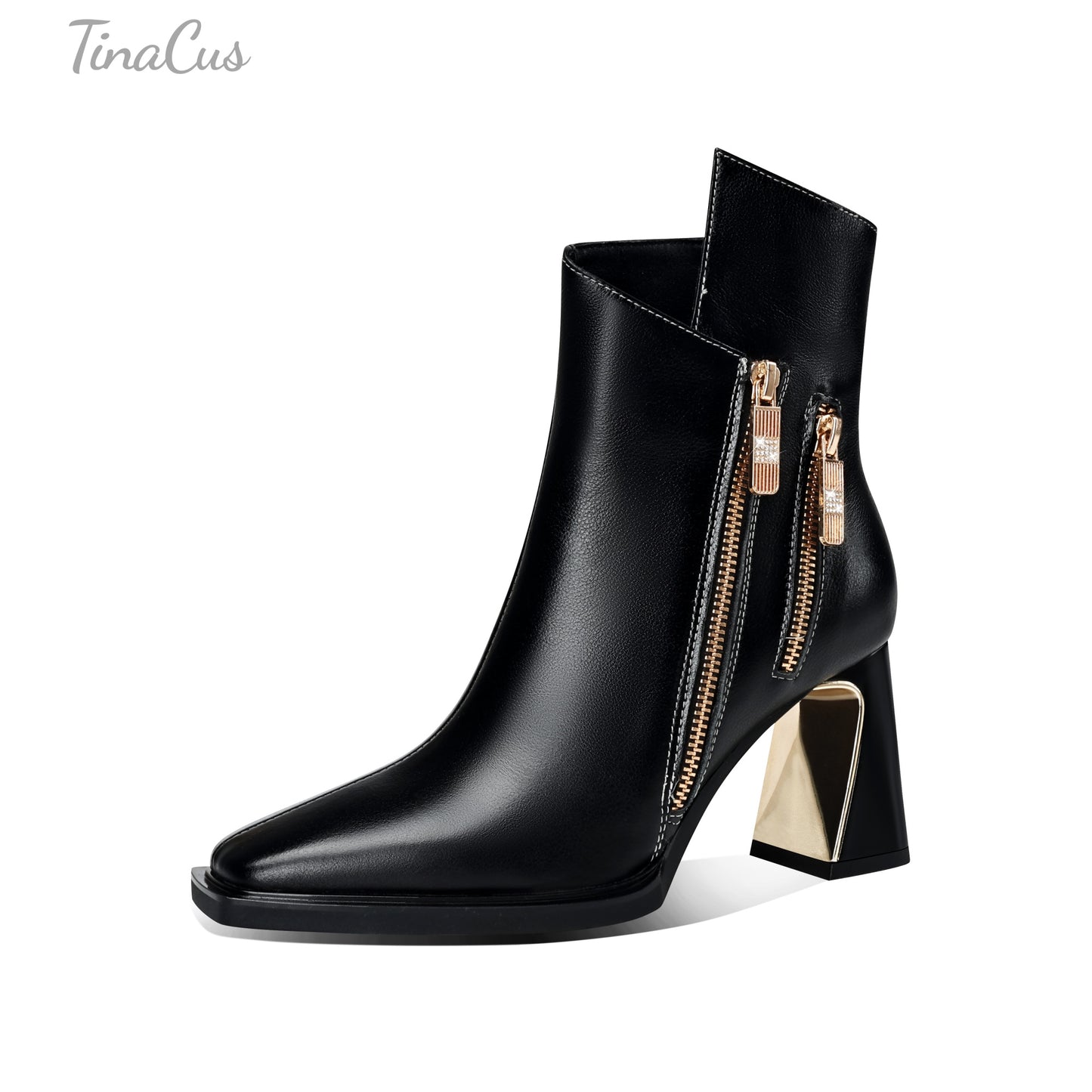 TinaCus Dual Zippers Chic Ankle Boots Women's Square Toe Mid Chunky Heels Genuine Leather Booties