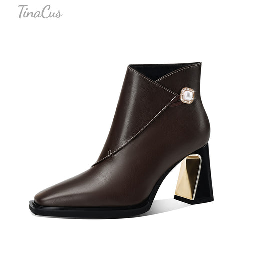 TinaCus Genuine Leather Women's Short Boots Handmade Pearl Button Square Toe Block Heels
