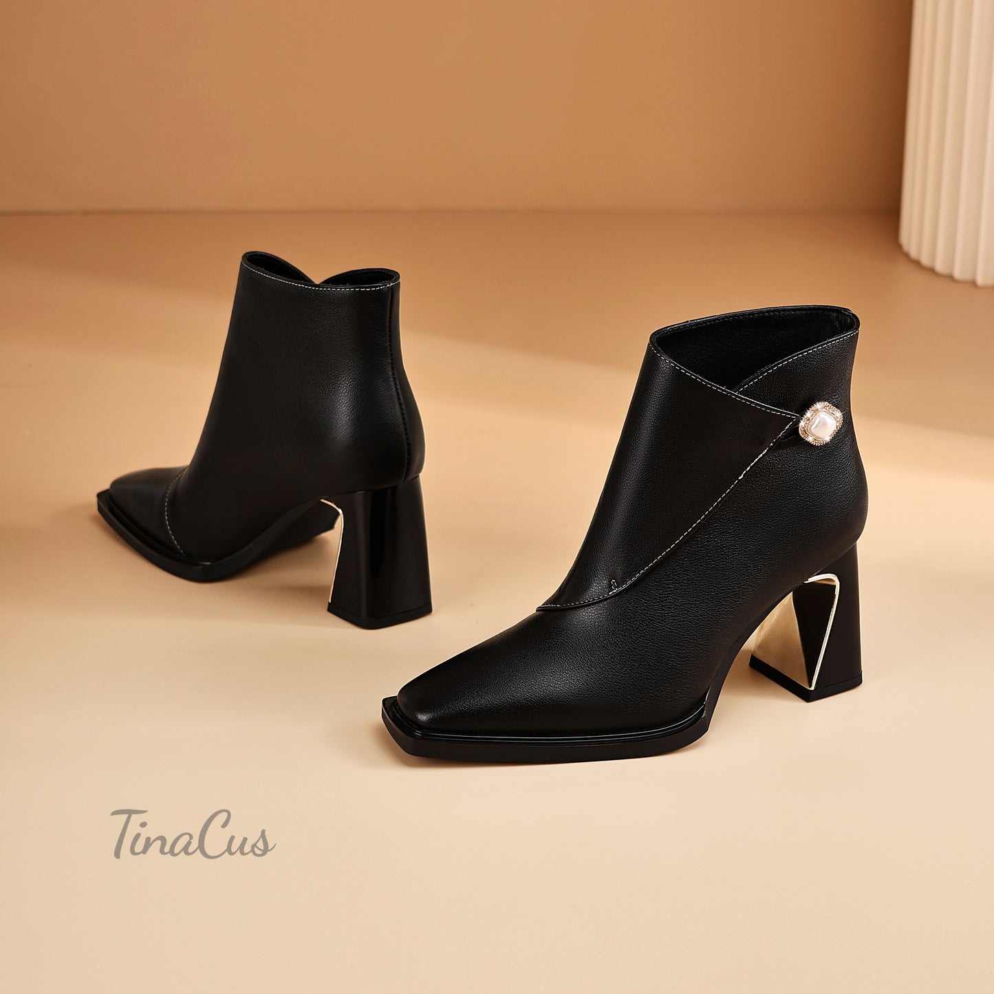 TinaCus Genuine Leather Women's Short Boots Handmade Pearl Button Square Toe Block Heels