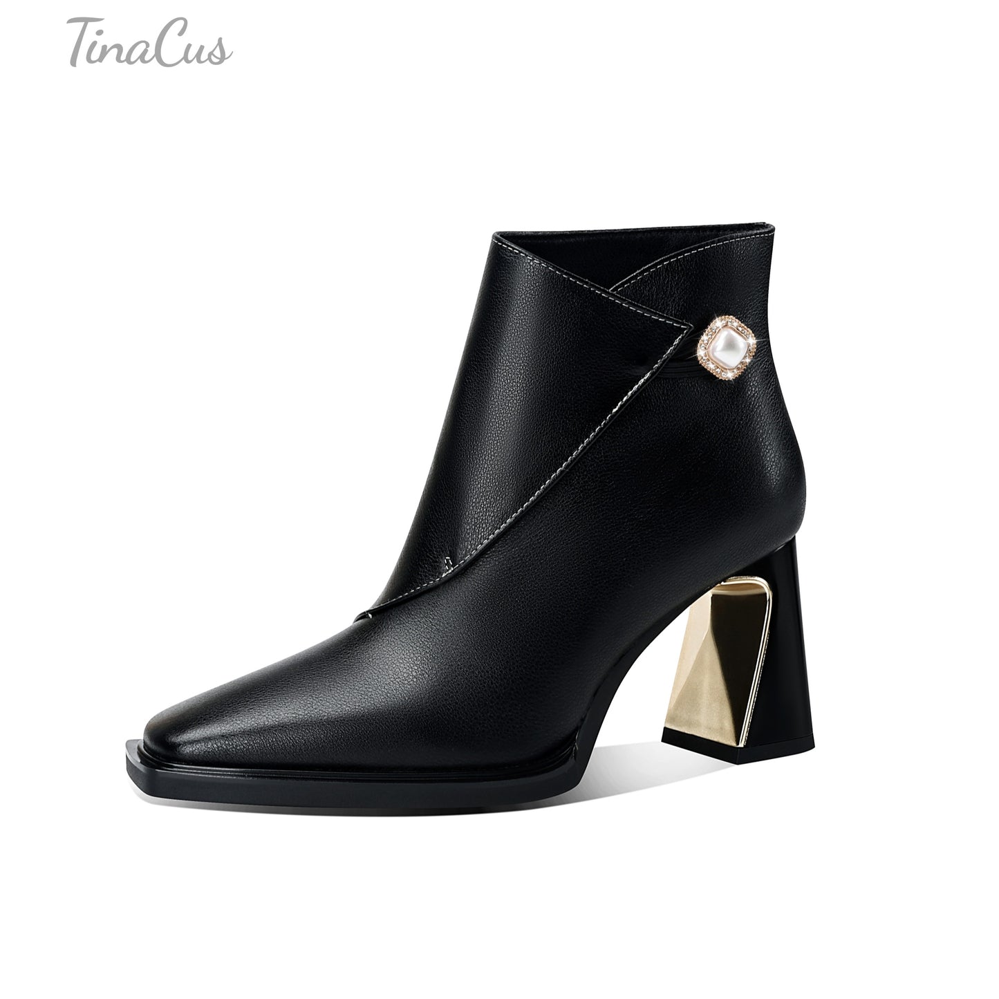 TinaCus Genuine Leather Women's Short Boots Handmade Pearl Button Square Toe Block Heels