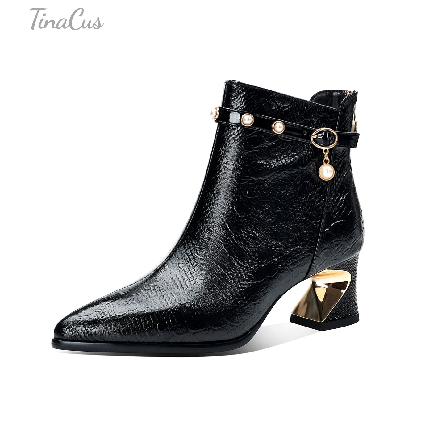 TinaCus Genuine Leather Women's Pointed Toe Handmade Chunky Heels Zip up Ankle Boots with Pearls