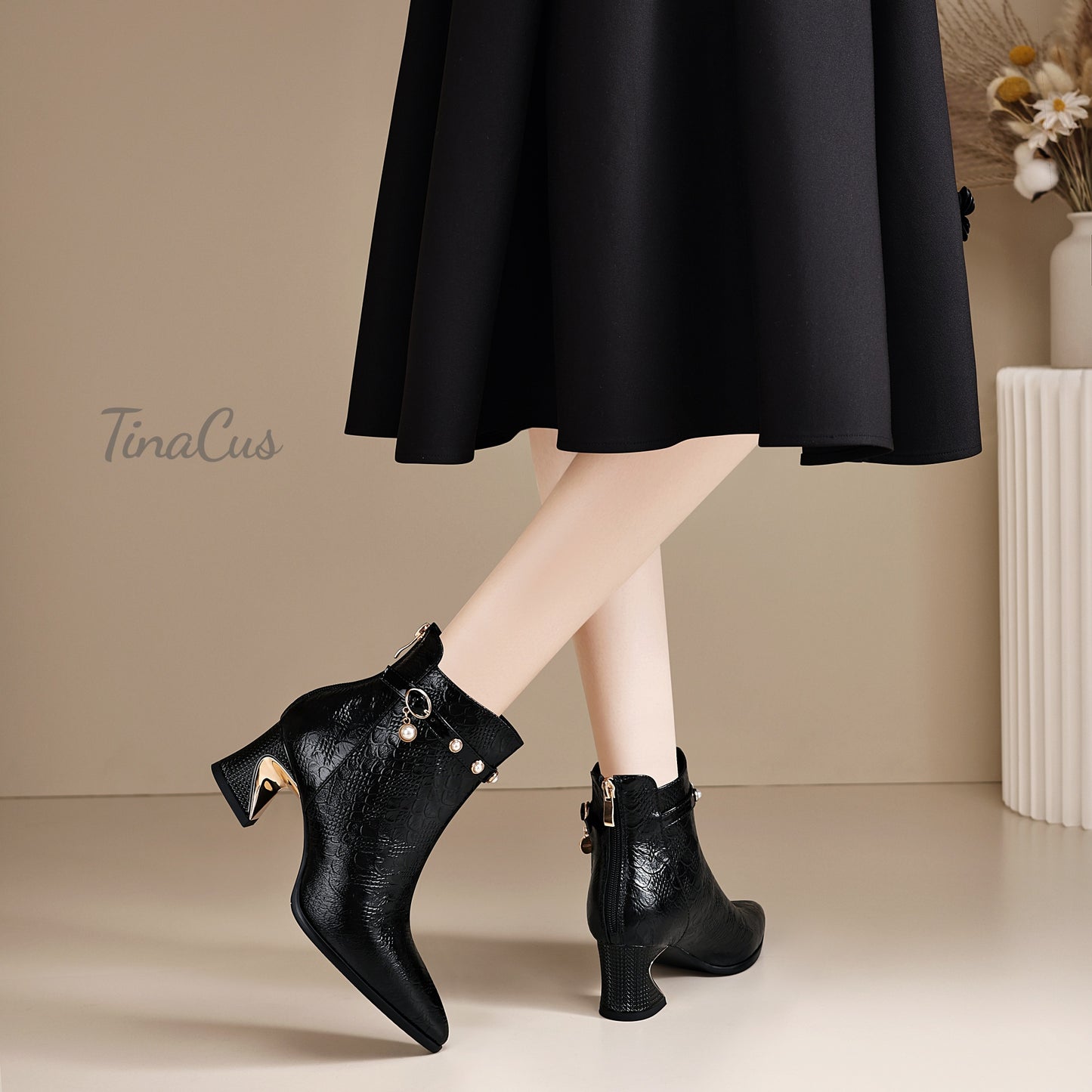 TinaCus Genuine Leather Women's Pointed Toe Handmade Chunky Heels Zip up Ankle Boots with Pearls