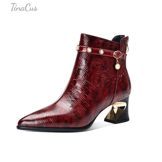 TinaCus Genuine Leather Women's Pointed Toe Handmade Chunky Heels Zip up Ankle Boots with Pearls