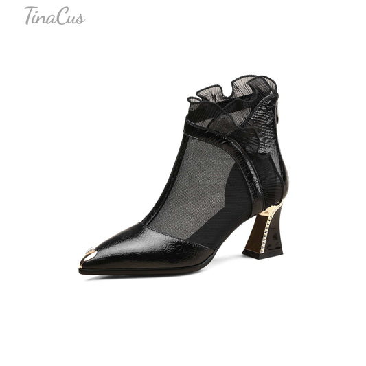 TinaCus Genuine Leather Mid Chunky Heels Handmade Back Zipper Women's Mesh Booties with Lace