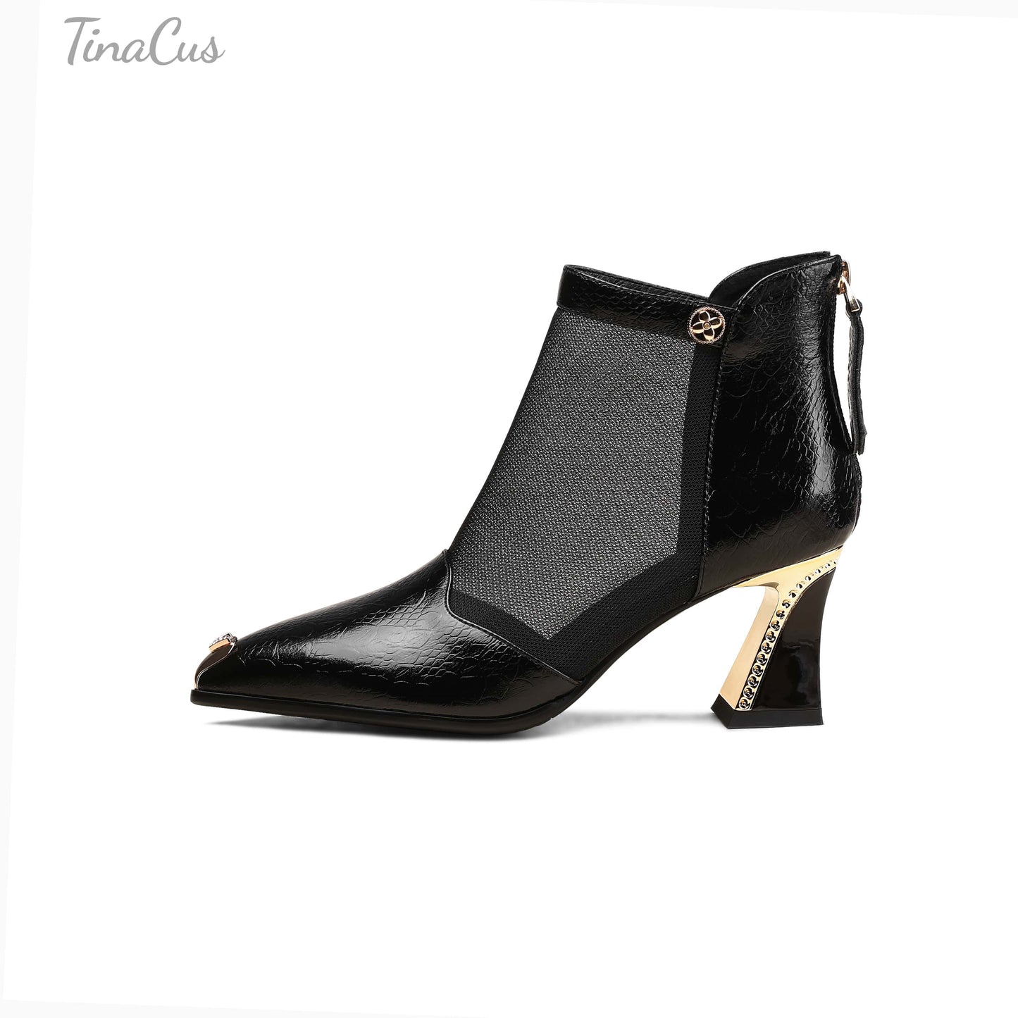 TinaCus Women's Pointed Toe Handmade Back Zipper Mid Spool Heels Embossed Genuine Leather & Mesh Booties