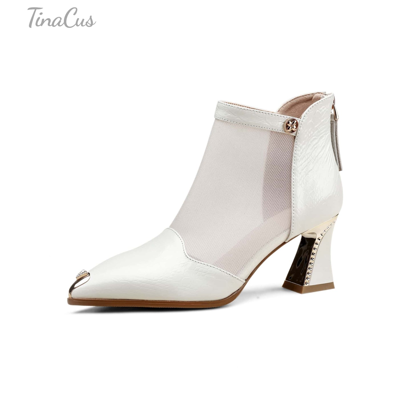 TinaCus Women's Pointed Toe Handmade Back Zipper Mid Spool Heels Embossed Genuine Leather & Mesh Booties