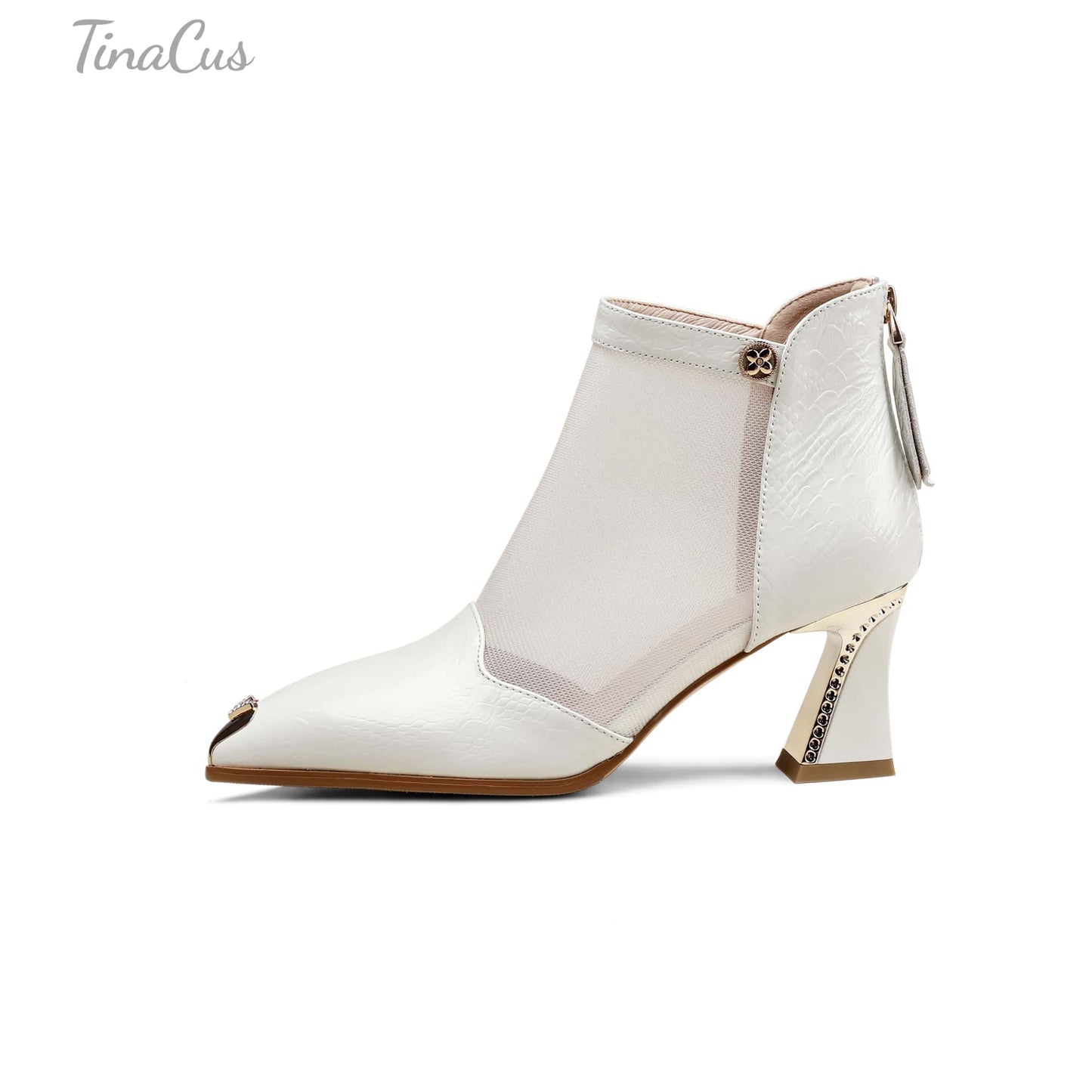 TinaCus Women's Pointed Toe Handmade Back Zipper Mid Spool Heels Embossed Genuine Leather & Mesh Booties