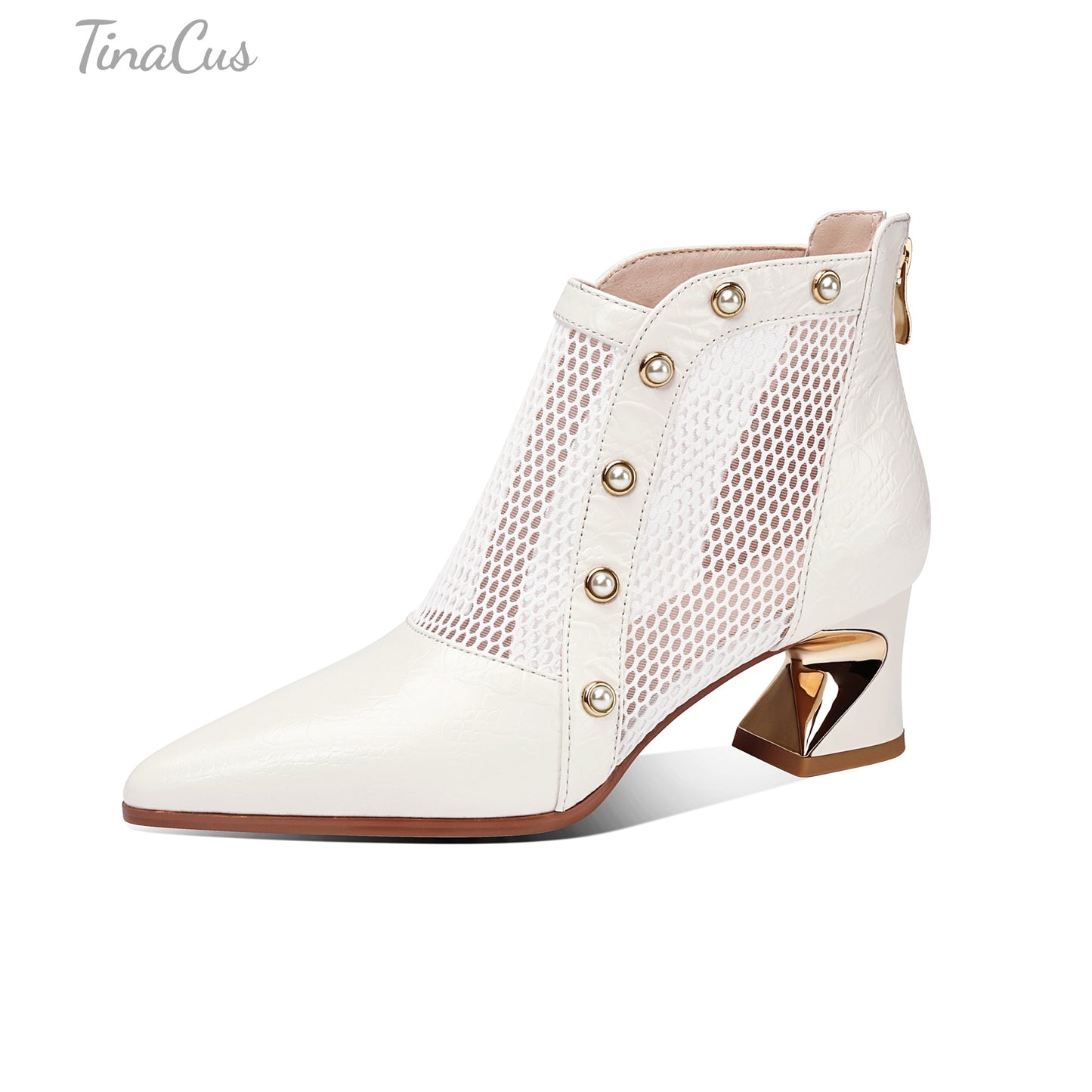 TinaCus Women's Pointed Toe Genuine Leather & Mesh Handmade Pearls Chunky Heels Zip up Summer Booties