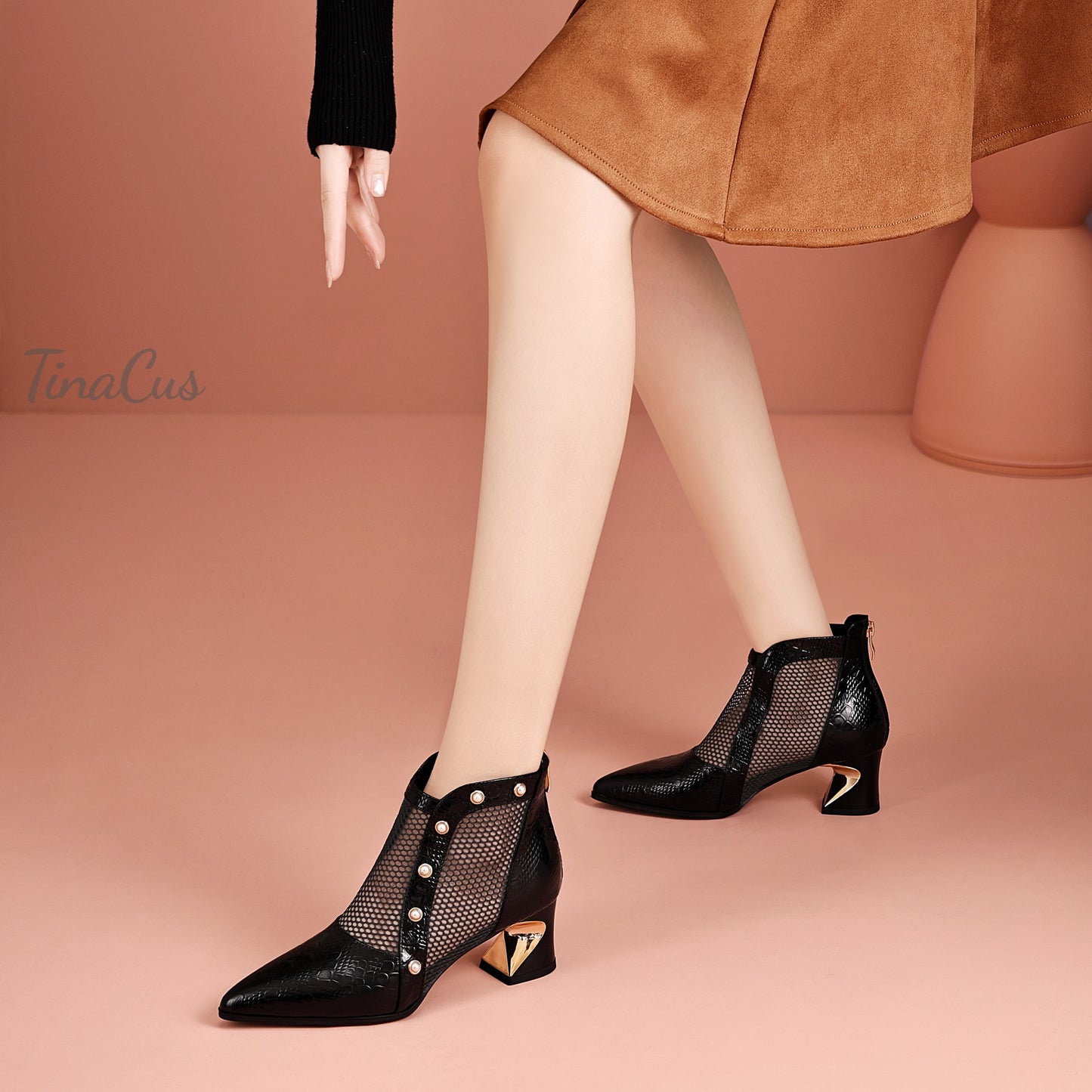 TinaCus Women's Pointed Toe Genuine Leather & Mesh Handmade Pearls Chunky Heels Zip up Summer Booties