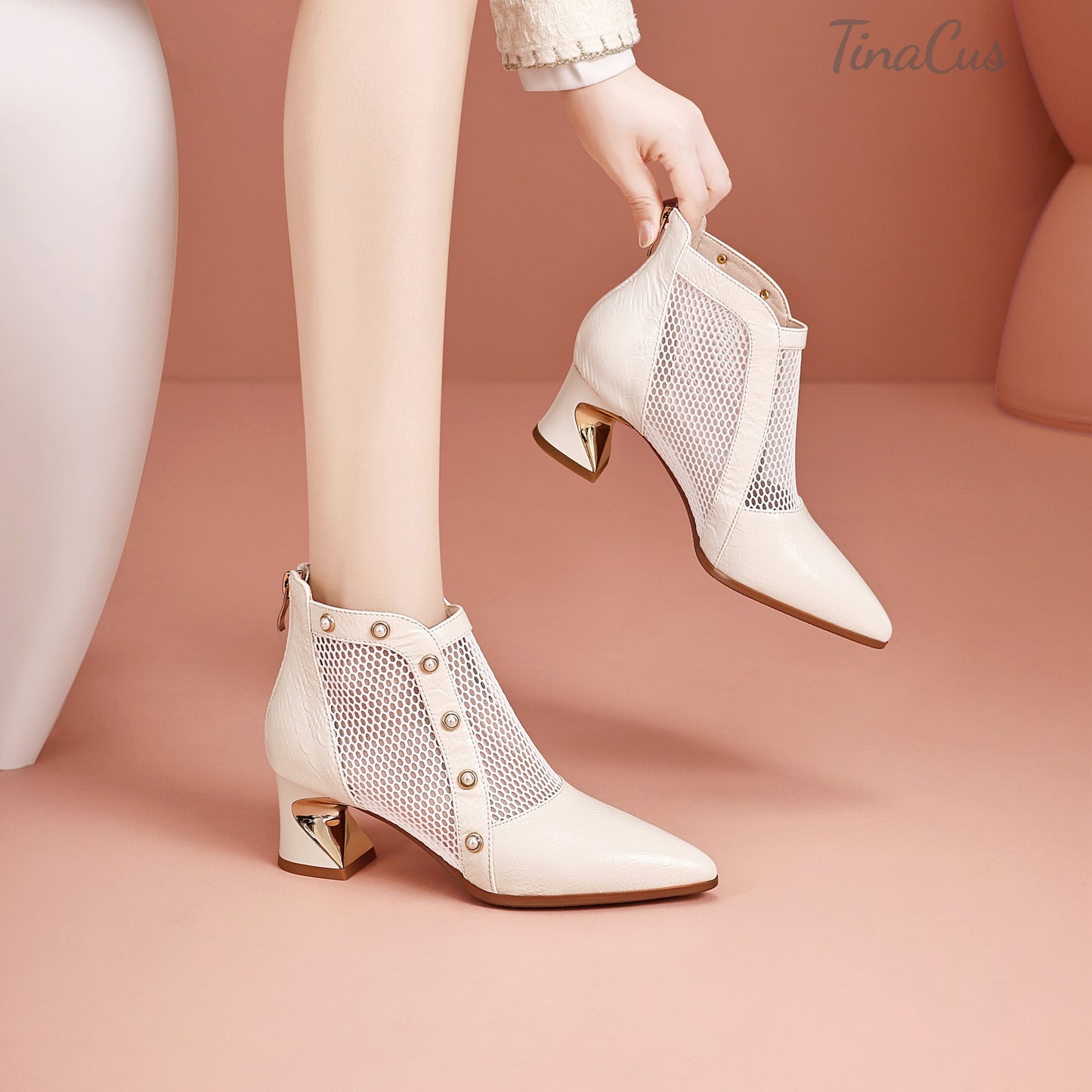 TinaCus Women's Pointed Toe Genuine Leather & Mesh Handmade Pearls Chunky Heels Zip up Summer Booties