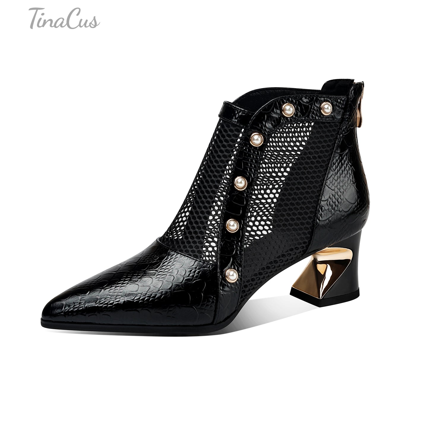 TinaCus Women's Pointed Toe Genuine Leather & Mesh Handmade Pearls Chunky Heels Zip up Summer Booties