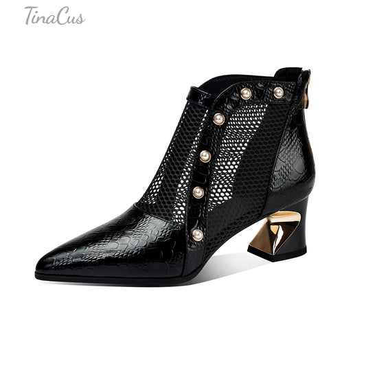 TinaCus Women's Pointed Toe Genuine Leather & Mesh Handmade Pearls Chunky Heels Zip up Summer Booties