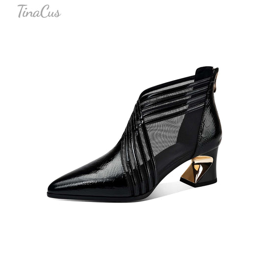 TinaCus Women's Mesh Boots Genuine Leather Handmade Pointed Toe Chunky Heel Back Zipper Summer Booties