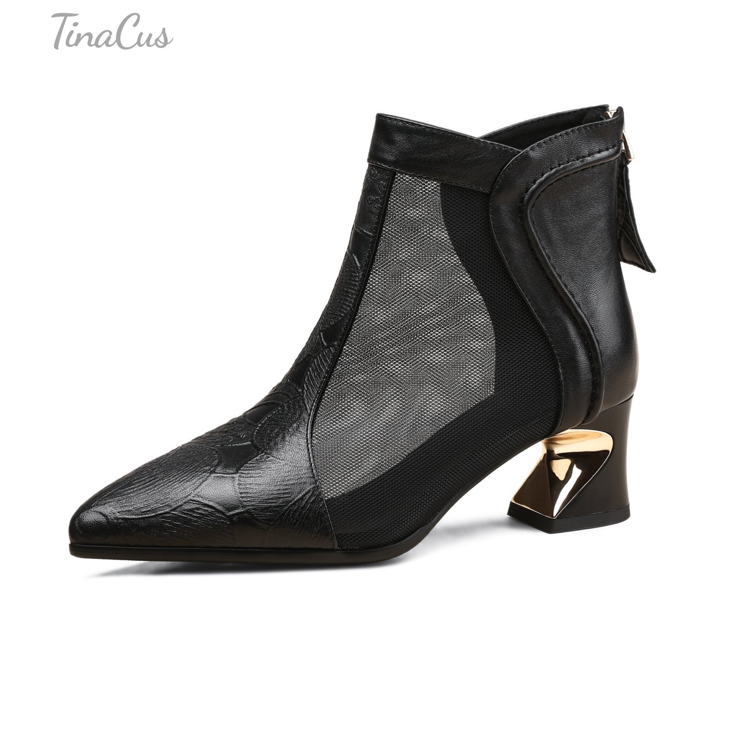 TinaCus Women's Pointed Toe Genuine Leather & Mesh Handmade Chunky Heels Casual Summer Booties with Zipper