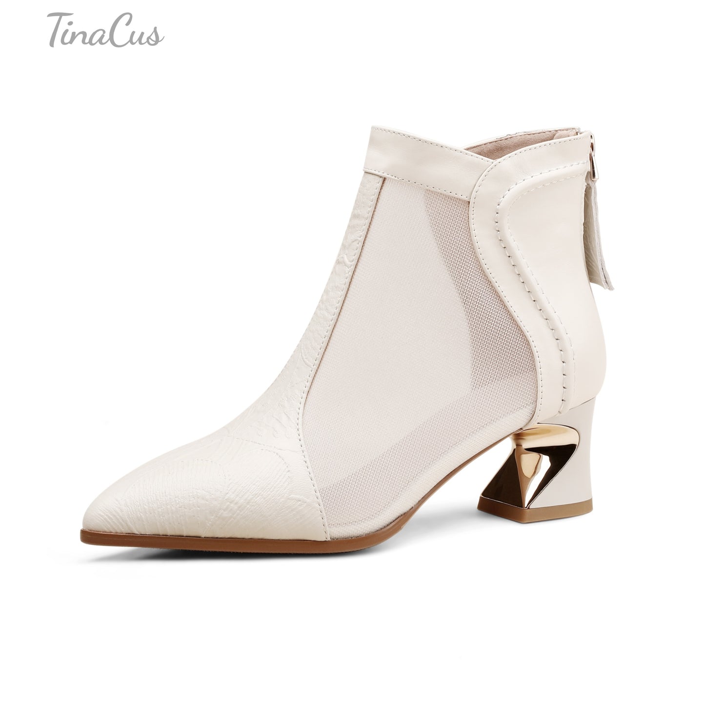 TinaCus Women's Pointed Toe Genuine Leather & Mesh Handmade Chunky Heels Casual Summer Booties with Zipper