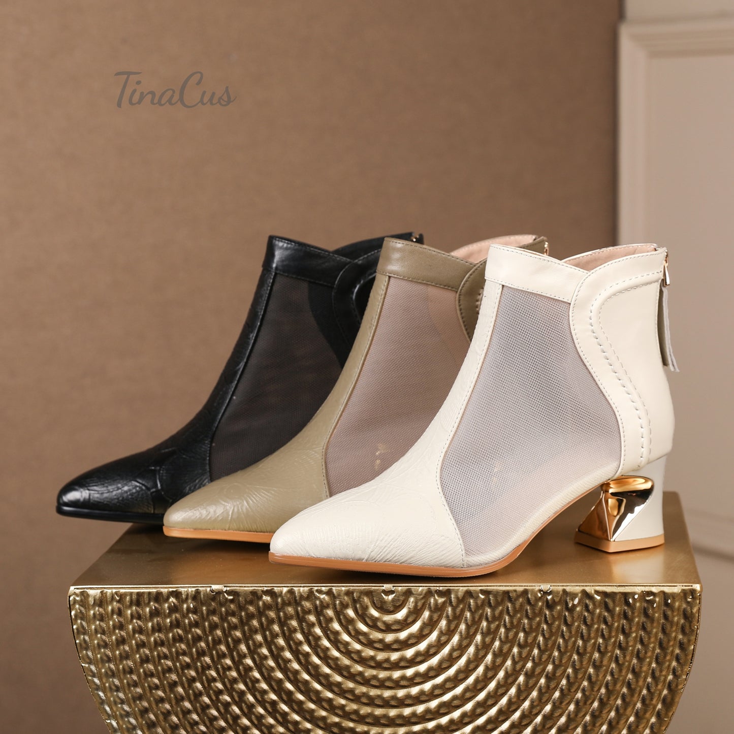TinaCus Women's Pointed Toe Genuine Leather & Mesh Handmade Chunky Heels Casual Summer Booties with Zipper