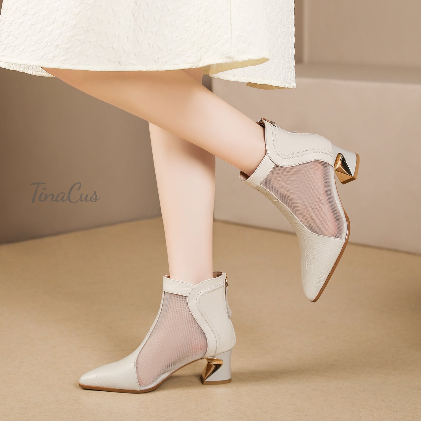 TinaCus Women's Pointed Toe Genuine Leather & Mesh Handmade Chunky Heels Casual Summer Booties with Zipper