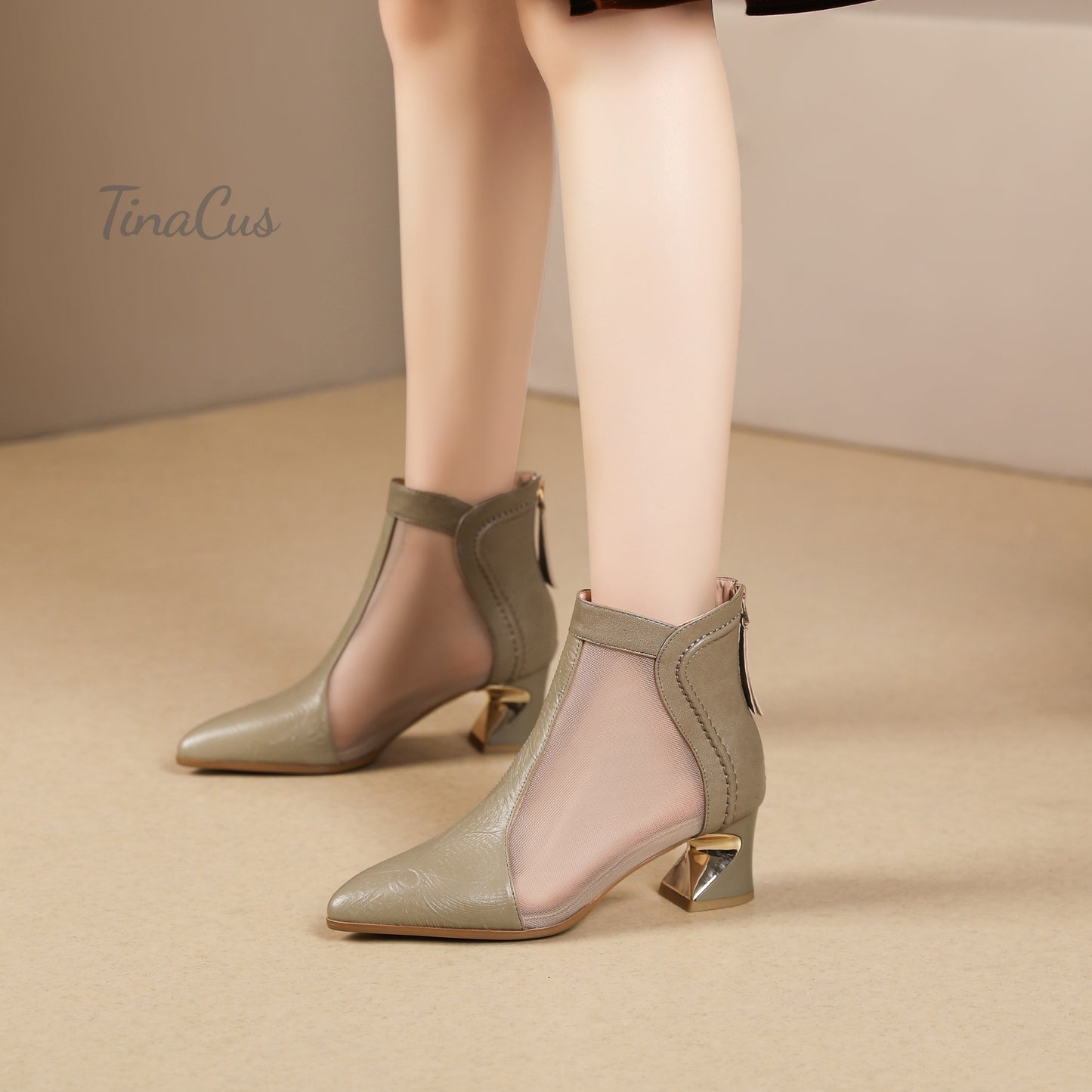 TinaCus Women's Pointed Toe Genuine Leather & Mesh Handmade Chunky Heels Casual Summer Booties with Zipper