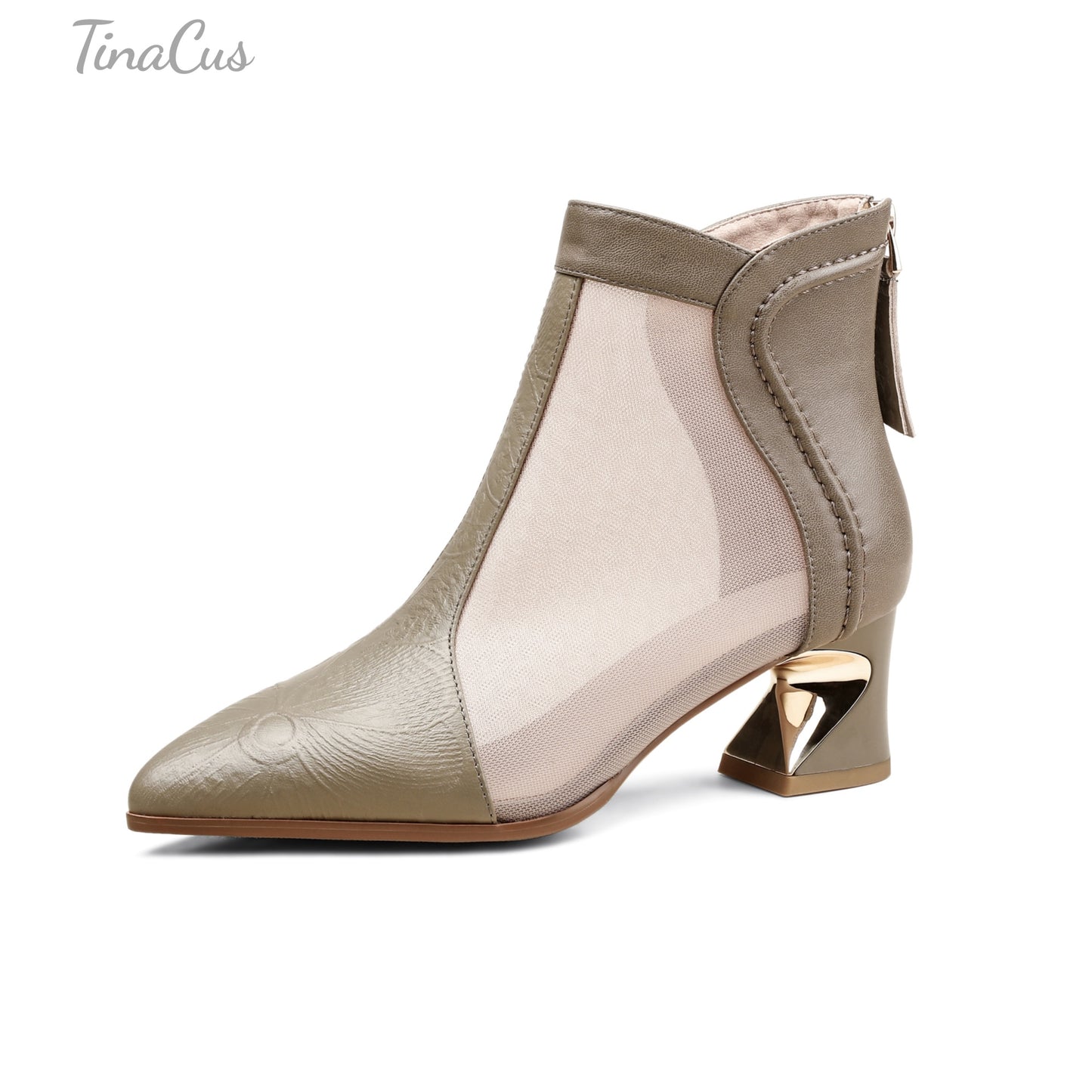 TinaCus Women's Pointed Toe Genuine Leather & Mesh Handmade Chunky Heels Casual Summer Booties with Zipper