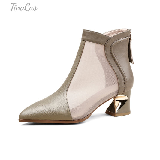TinaCus Women's Pointed Toe Genuine Leather & Mesh Handmade Chunky Heels Casual Summer Booties with Zipper