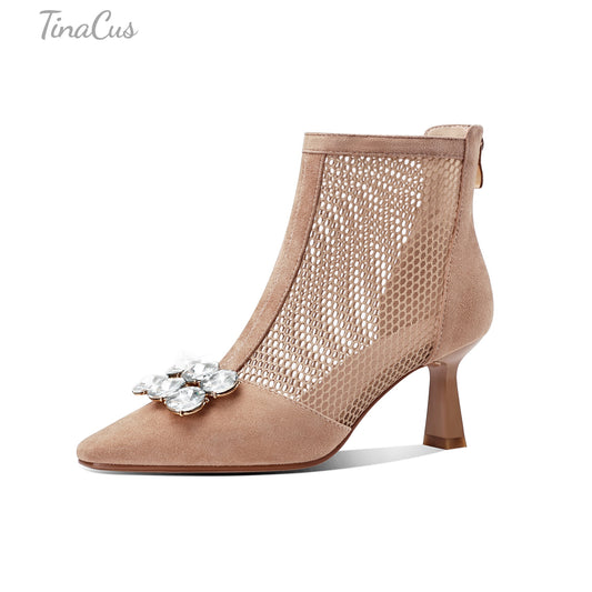TinaCus Suede Leather & Mesh Handmade Crystals Women's Pointed Toe Stiletto Mid Heels Zip up Ankle Boots