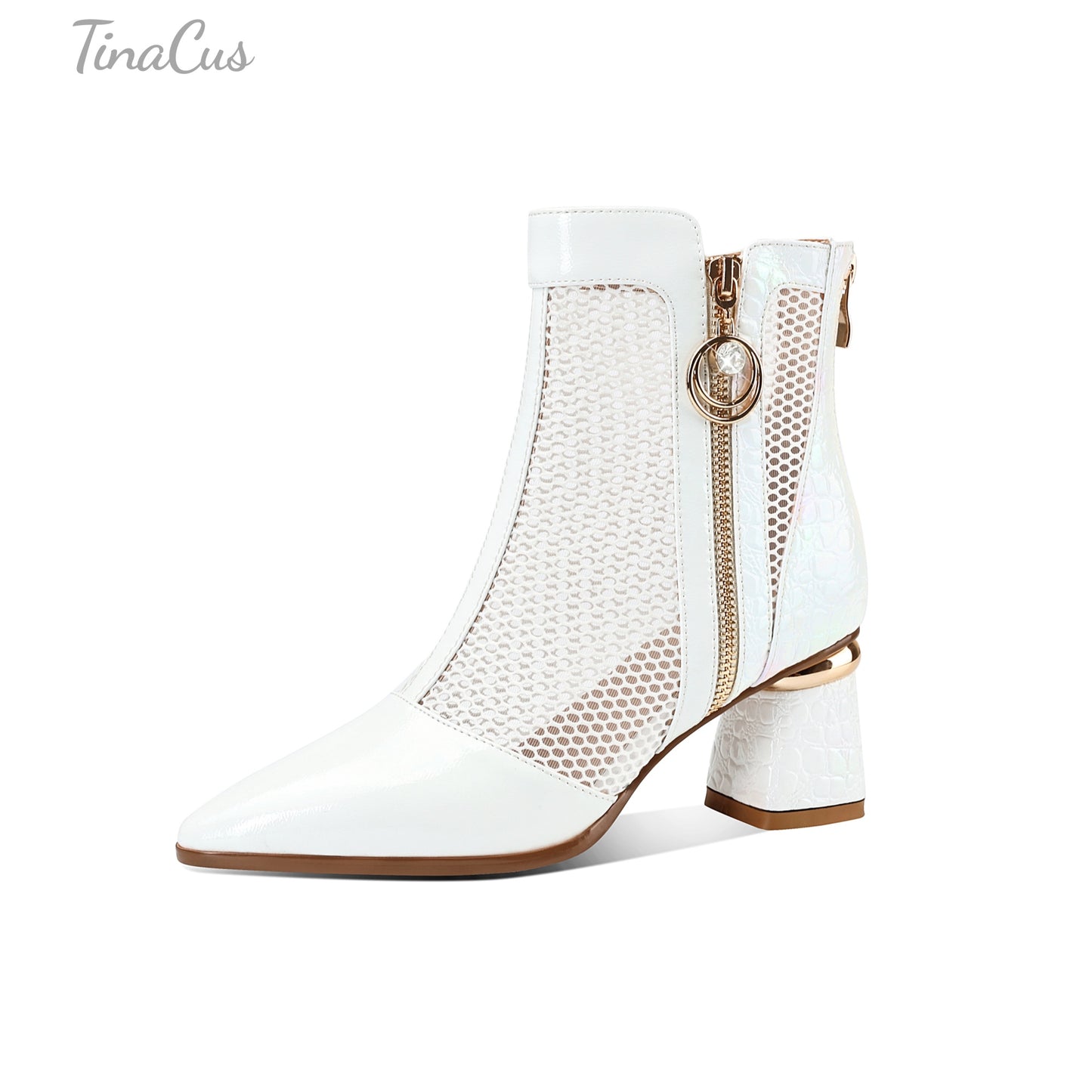 TinaCus Patent Leather & Mesh Women's Pointed Toe Handmade Dual Zippers Mid Chunky Heels Ankle Boots