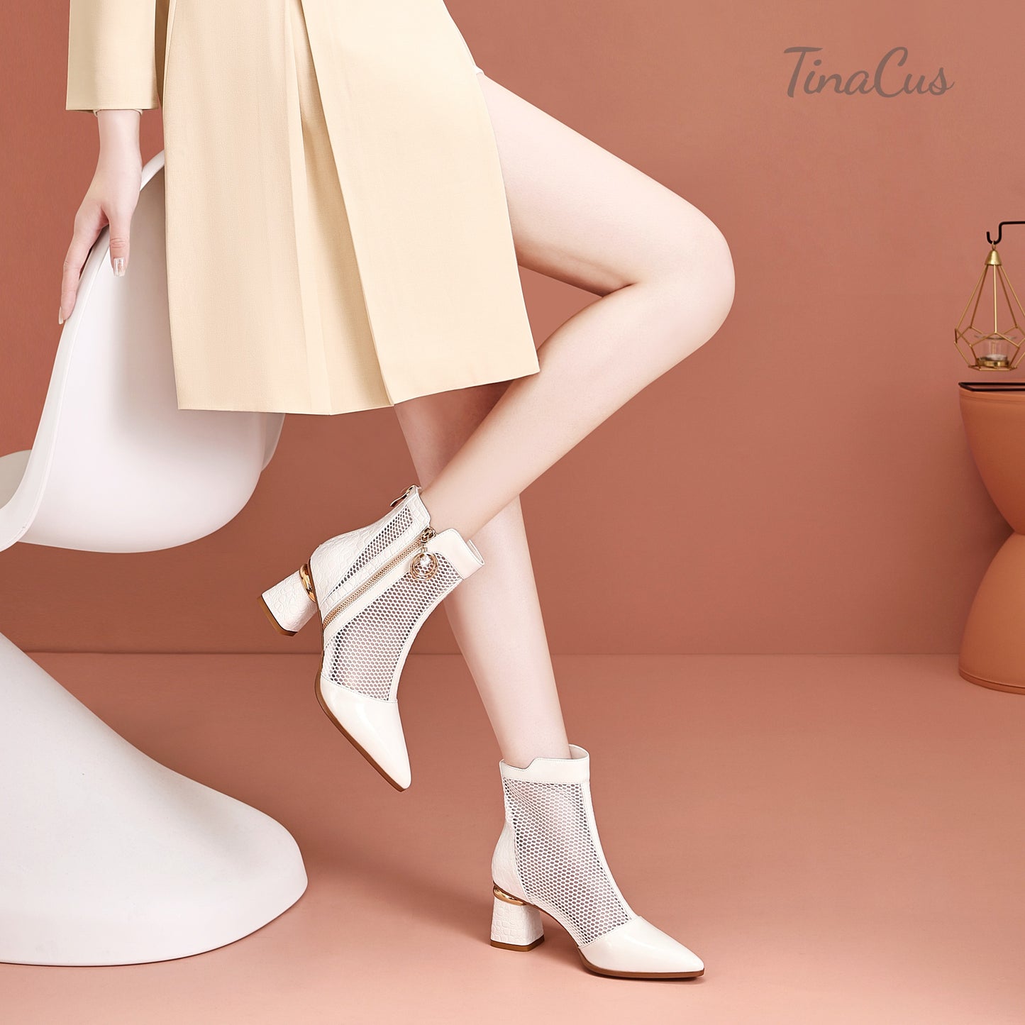 TinaCus Patent Leather & Mesh Women's Pointed Toe Handmade Dual Zippers Mid Chunky Heels Ankle Boots