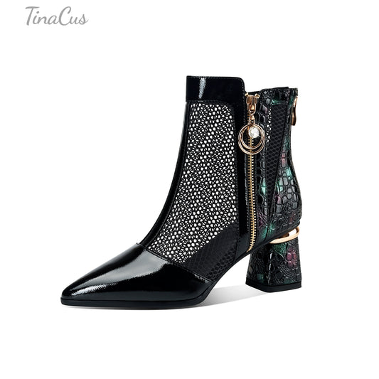 TinaCus Patent Leather & Mesh Women's Pointed Toe Handmade Dual Zippers Mid Chunky Heels Ankle Boots