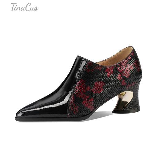 TinaCus Women's Pointed Toe Patent Leather & Printed Genuine Leather Handmade Side Zipper Chunky Heels