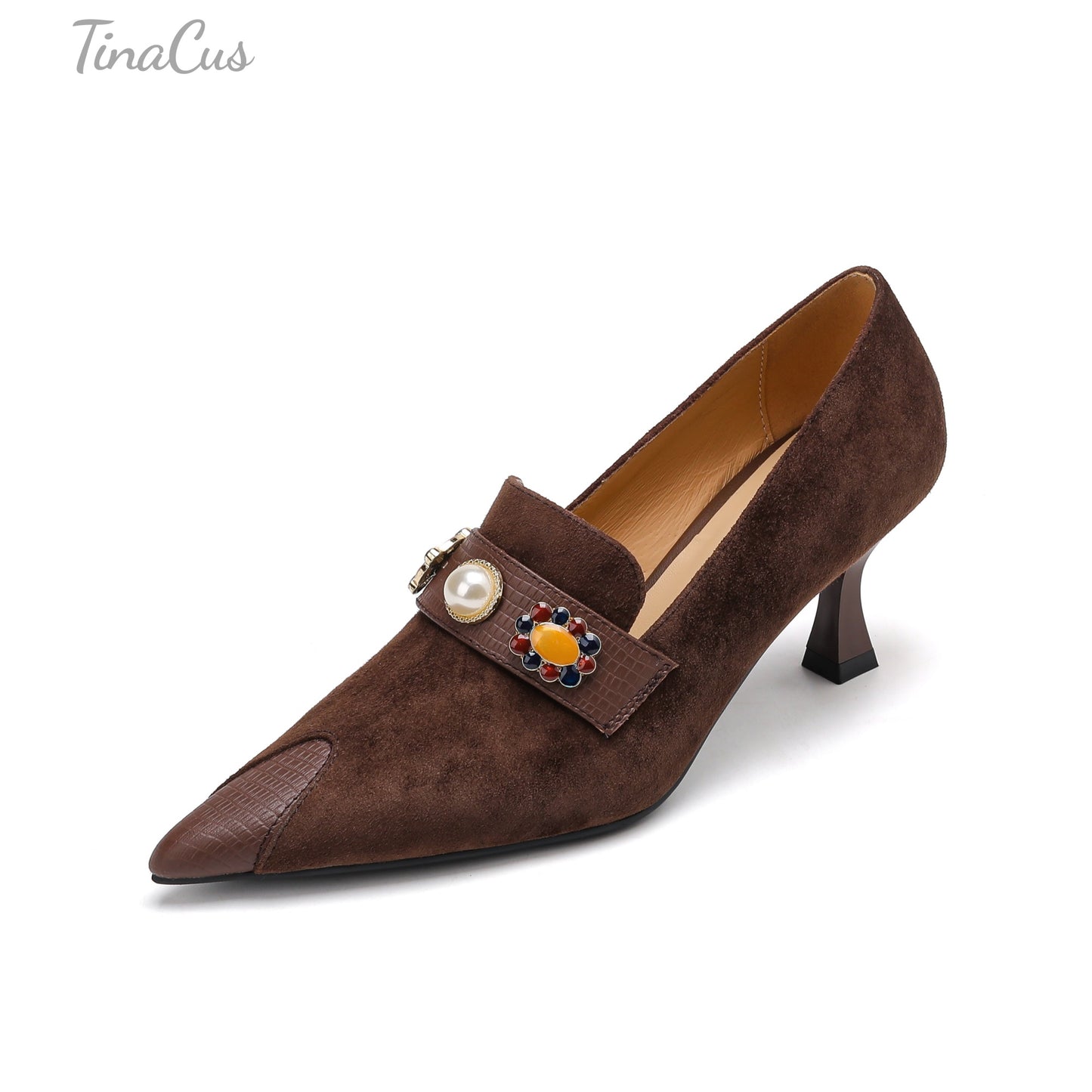 TinaCus Women's Cap Toe Handmade Stiletto Mid Heels Suede Leather Trendy Pumps Shoes