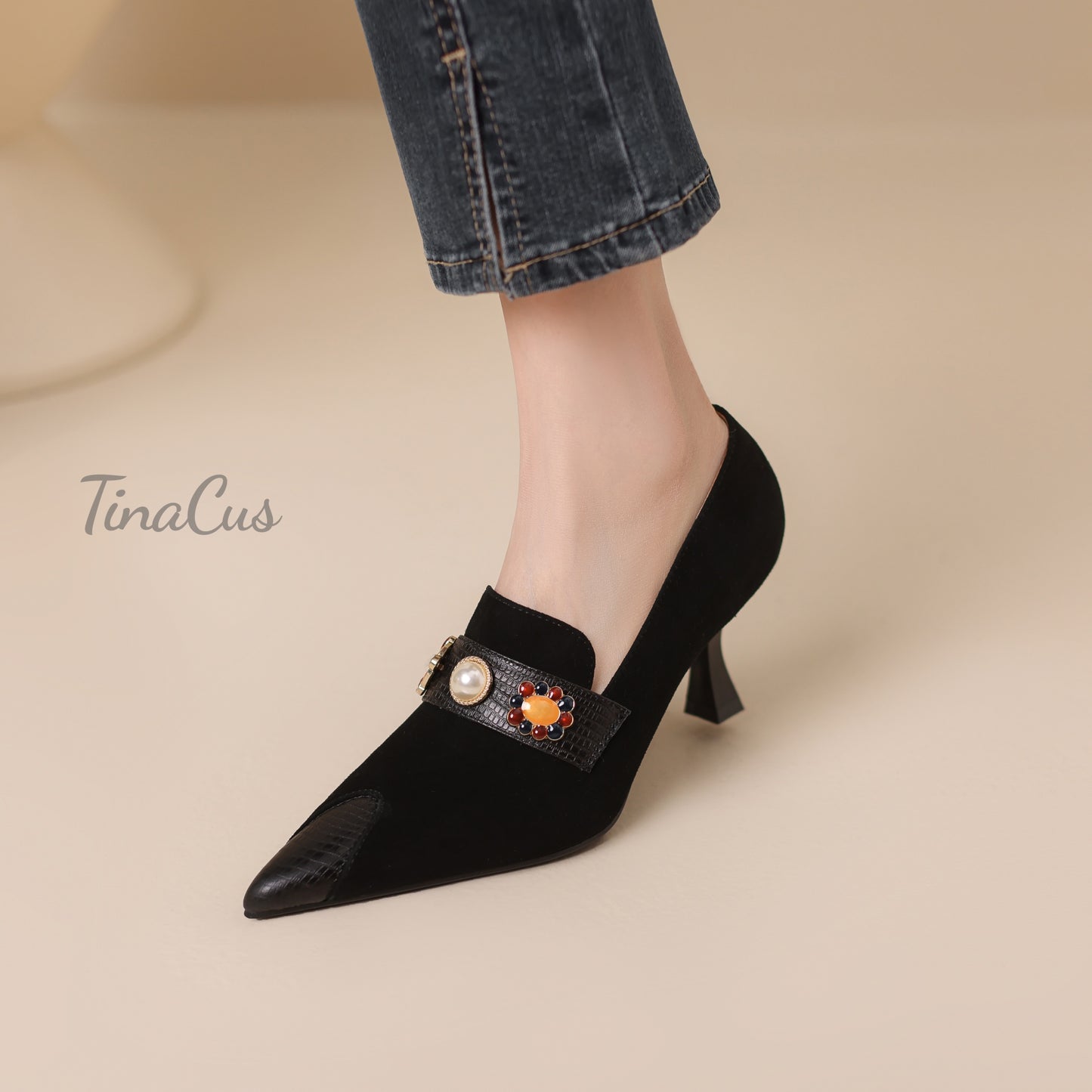 TinaCus Women's Cap Toe Handmade Stiletto Mid Heels Suede Leather Trendy Pumps Shoes