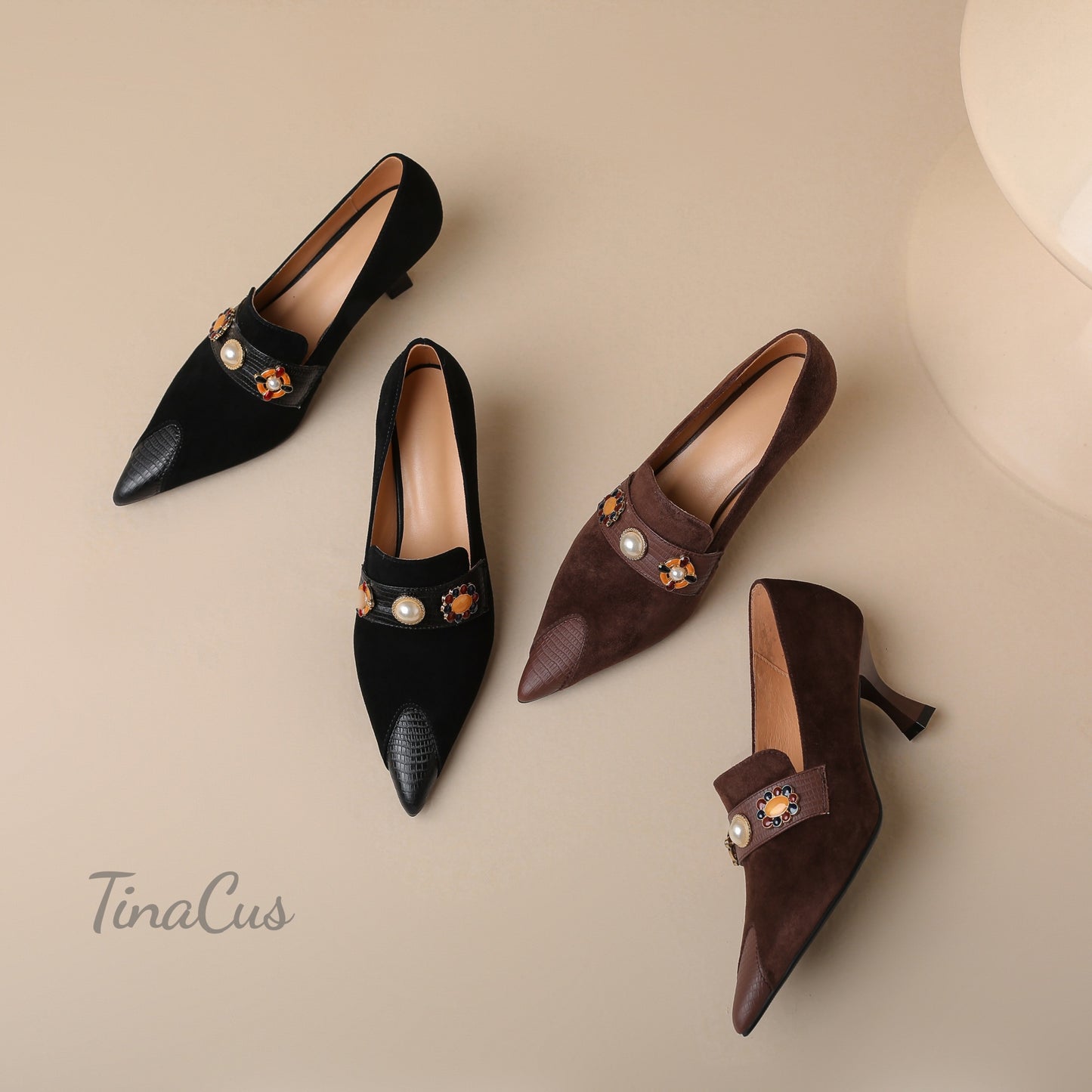 TinaCus Women's Cap Toe Handmade Stiletto Mid Heels Suede Leather Trendy Pumps Shoes